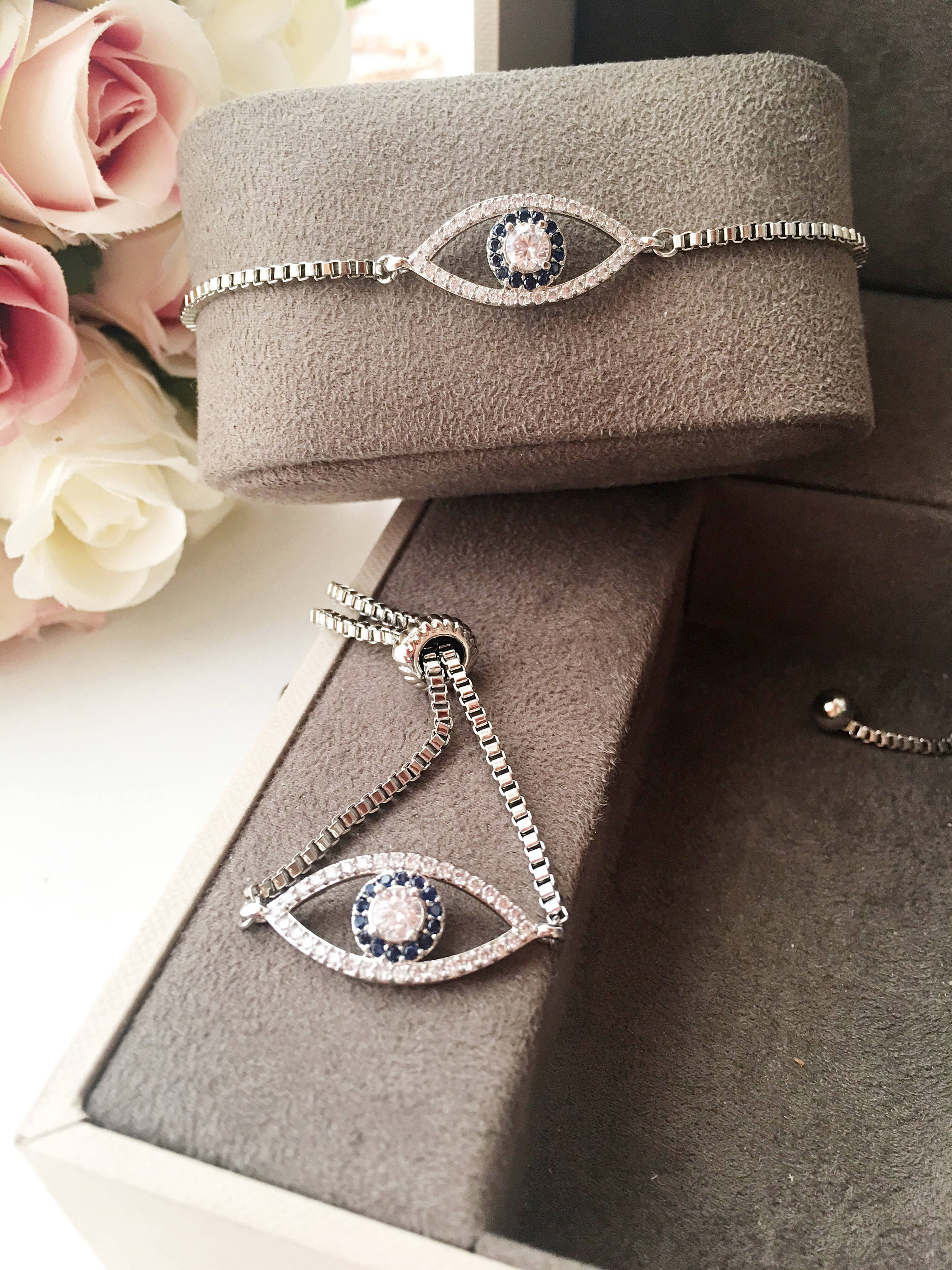 Evil Eye Bracelet, Silver Bracelet Set, Bangle Bracelet