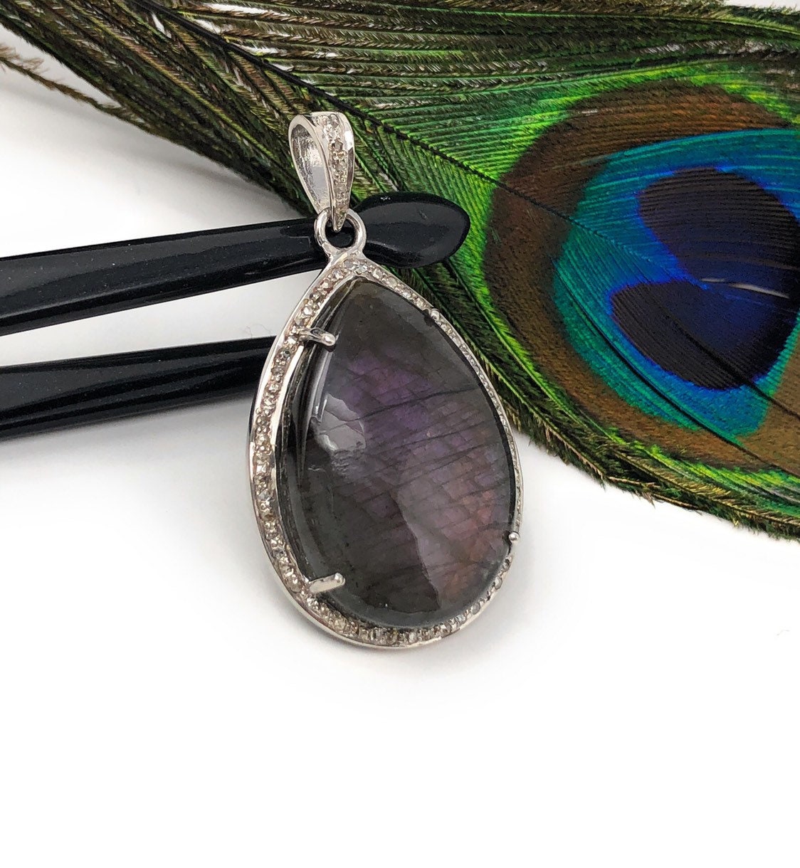 Labradorite Pendant, Gemstone Pendant, Diamond Pendant, Sterling