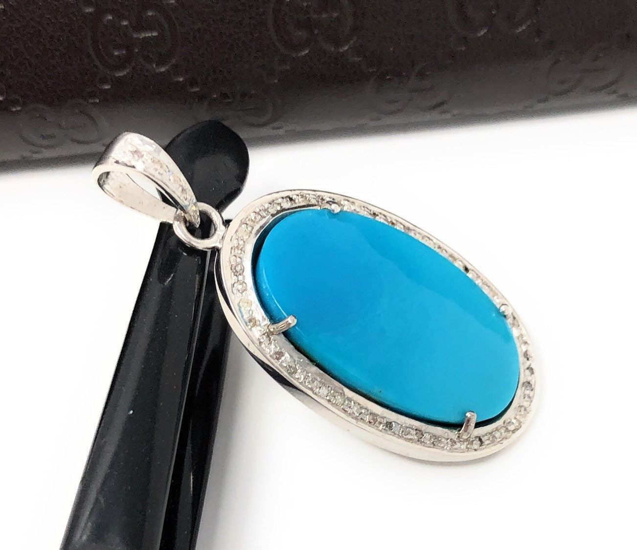 Sleeping Beauty Arizona Turquoise Pendant, Sterling Silver Diamond Pen