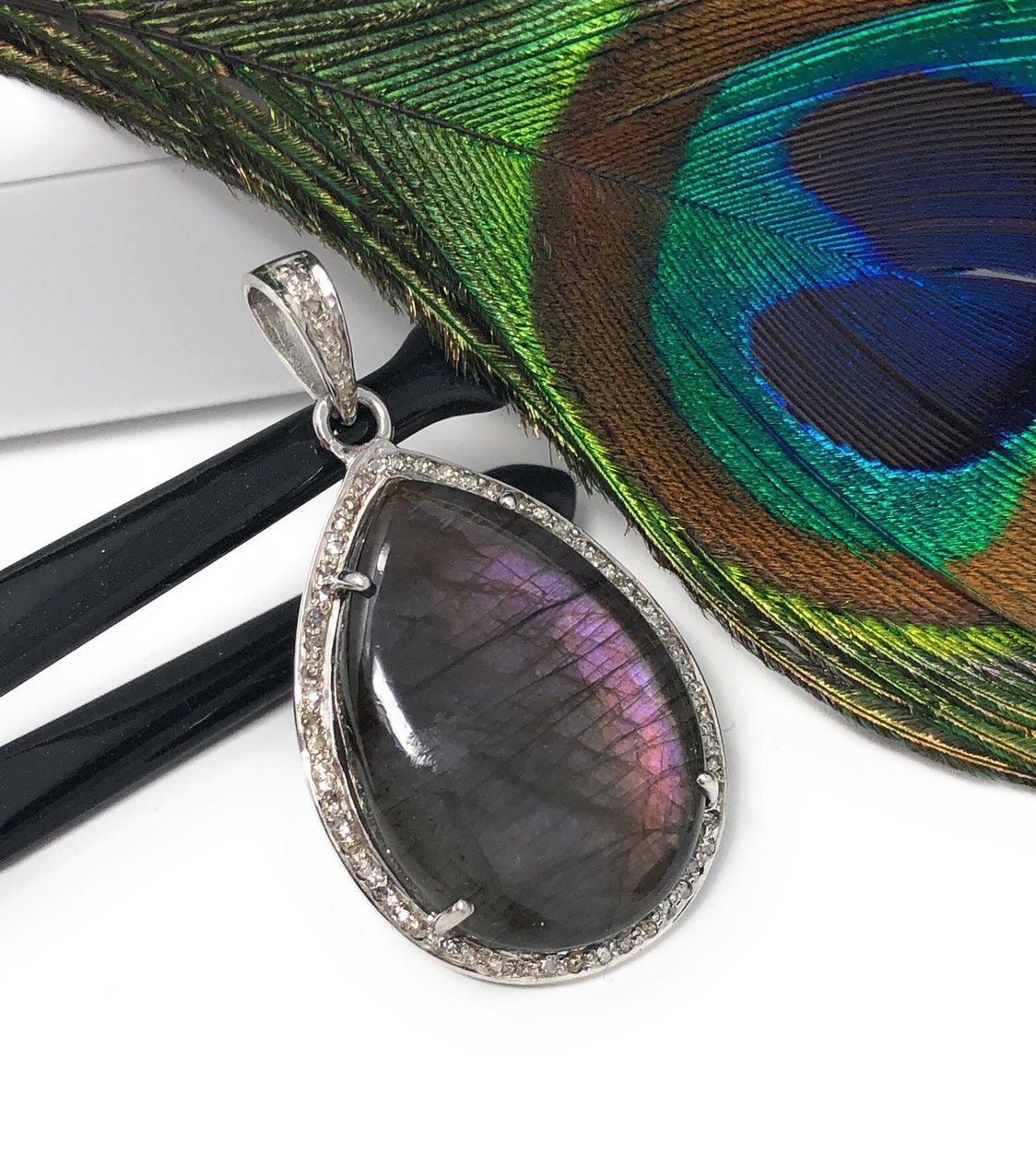 Labradorite Pendant, Gemstone Pendant, Diamond Pendant, Sterling