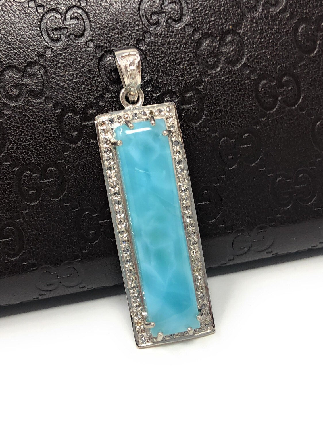 Natural Larimar Gemstone Diamond Pendant, Sterling Silver Jewelry,