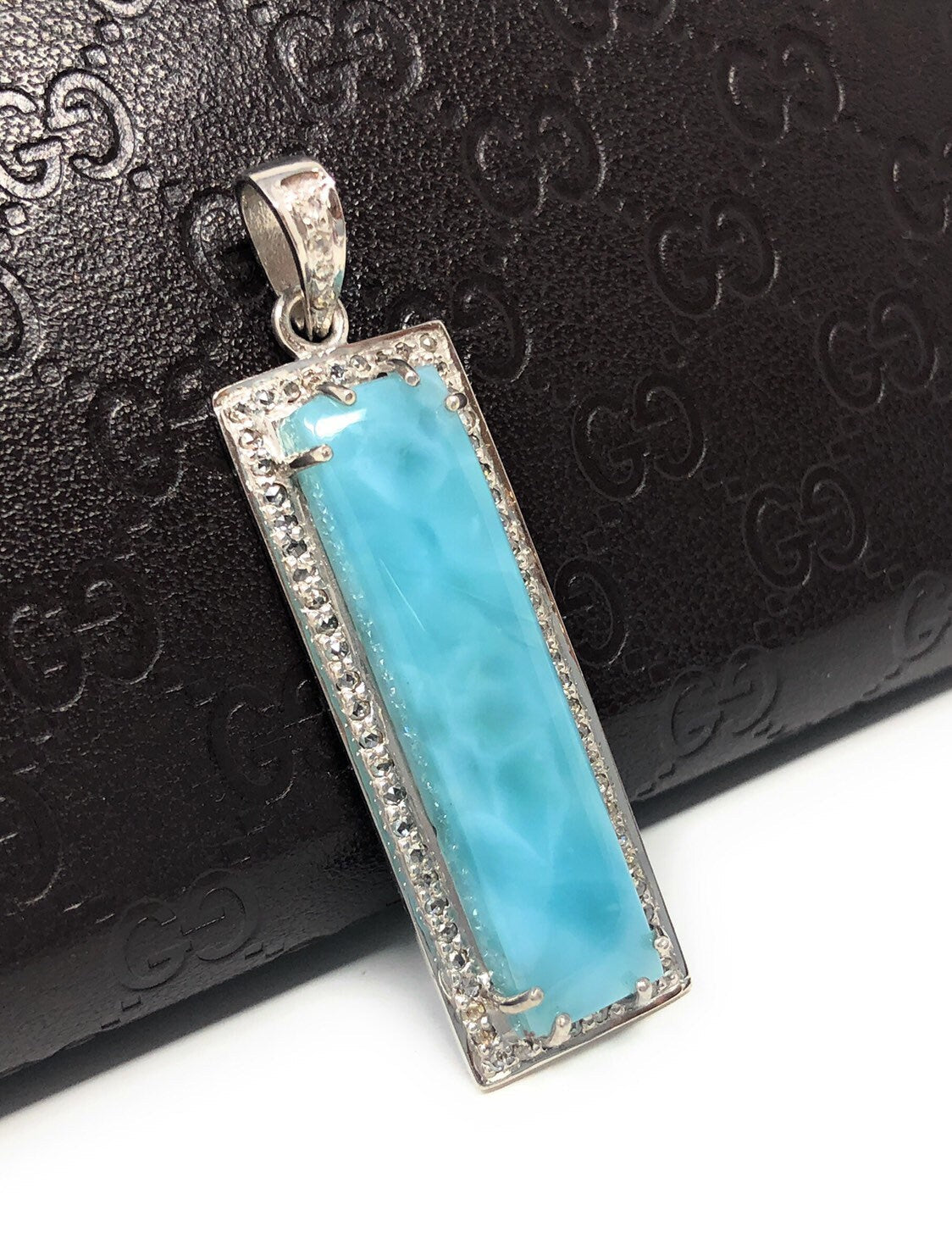 Natural Larimar Gemstone Diamond Pendant, Sterling Silver Jewelry,