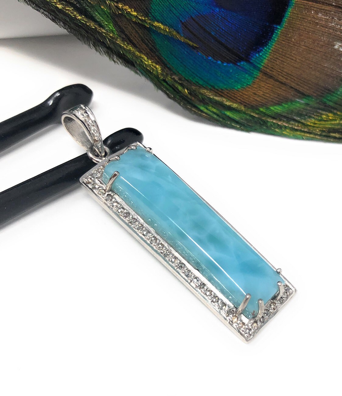 Natural Larimar Gemstone Diamond Pendant, Sterling Silver Jewelry,