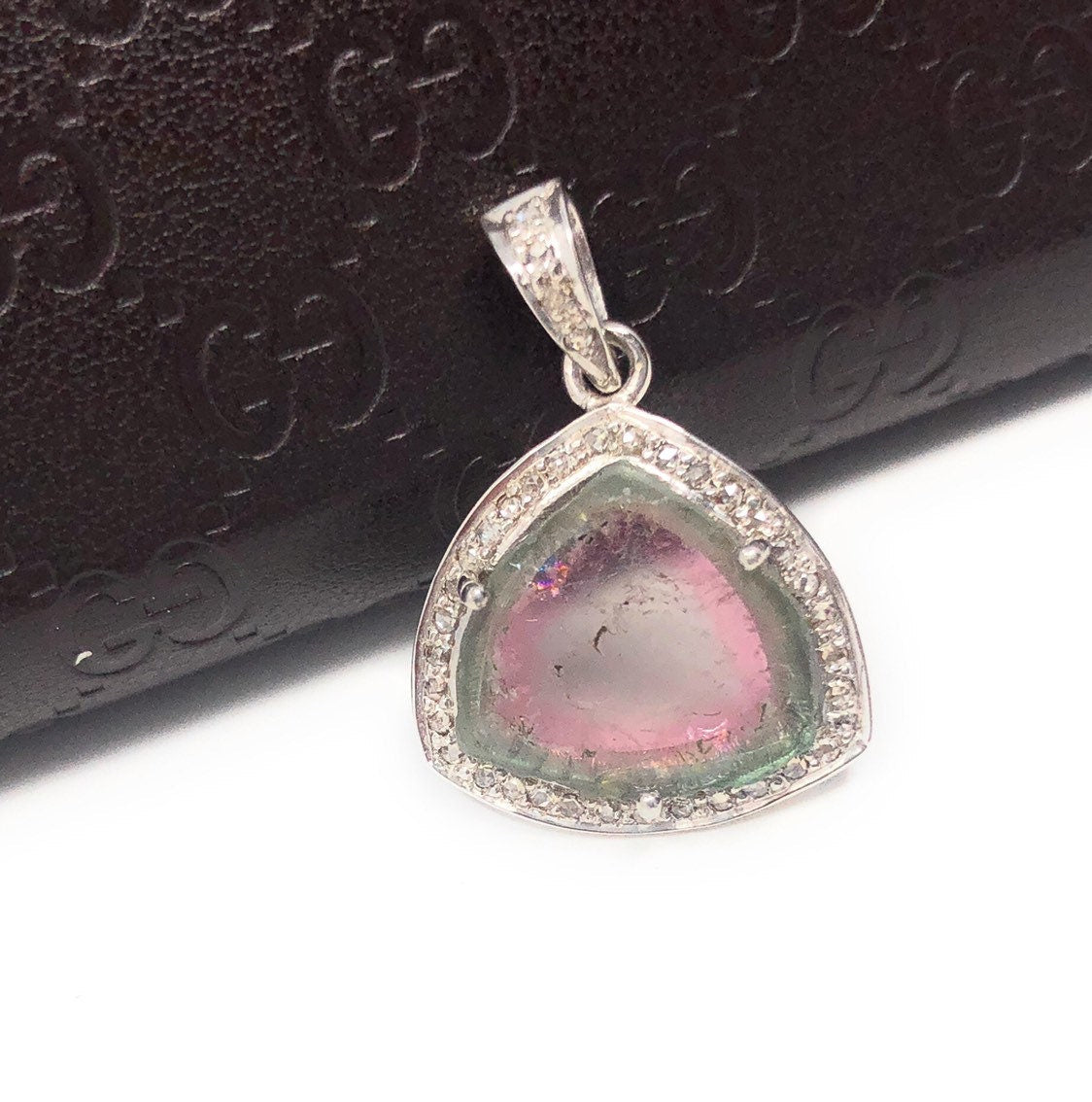 Watermelon Tourmaline Diamond Pendant, Gemstone Pendant, Sterling