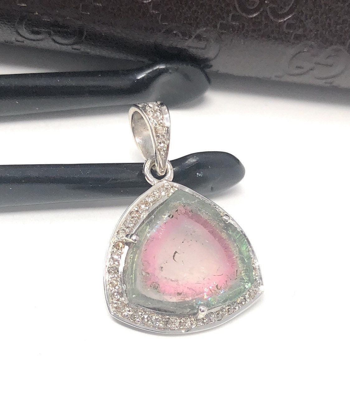 Watermelon Tourmaline Diamond Pendant, Gemstone Pendant, Sterling