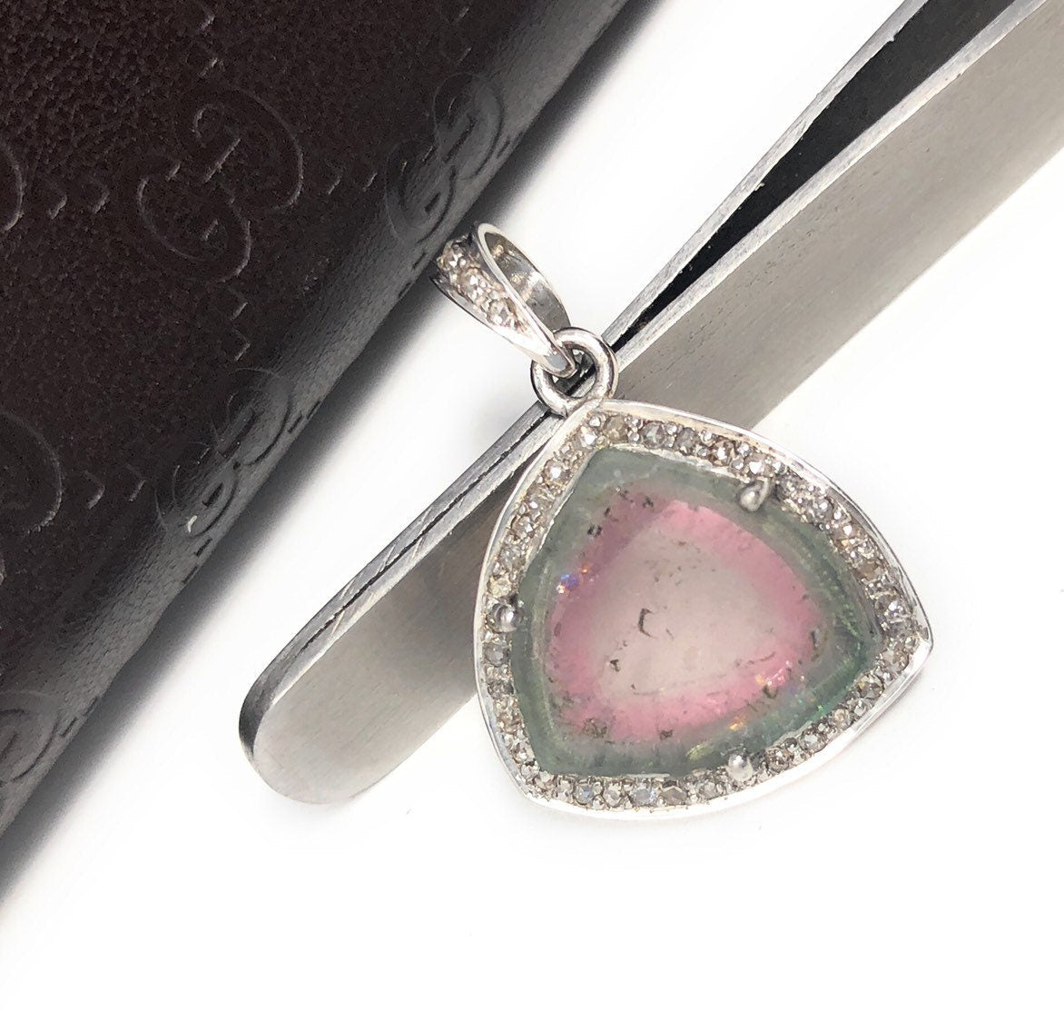 Watermelon Tourmaline Diamond Pendant, Gemstone Pendant, Sterling