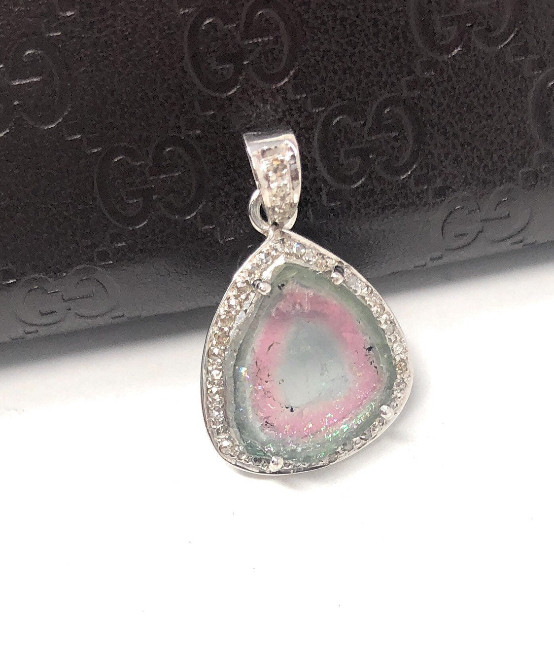 Watermelon Tourmaline Diamond Pendant, Gemstone Pendant, Sterling