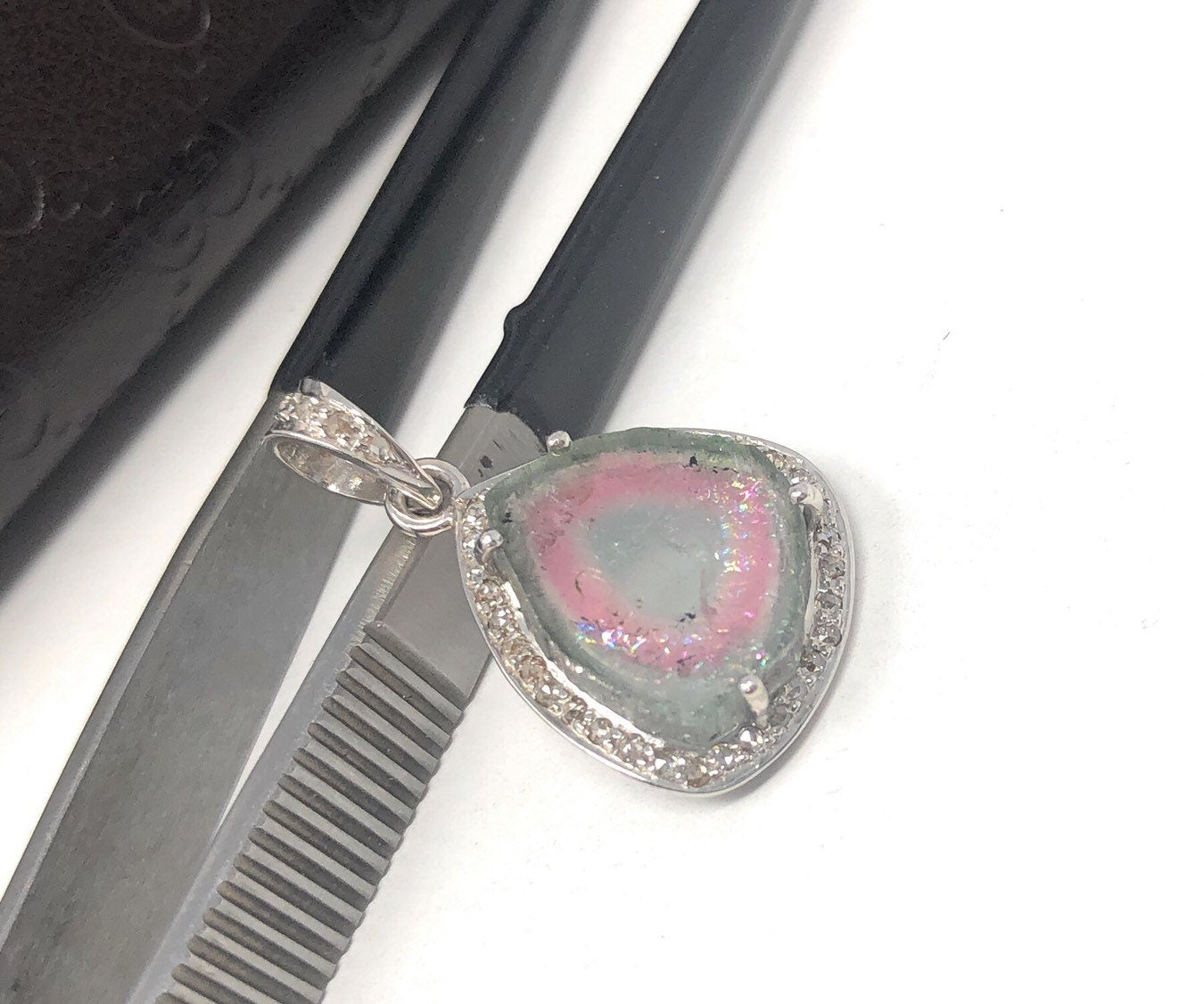 Watermelon Tourmaline Diamond Pendant, Gemstone Pendant, Sterling