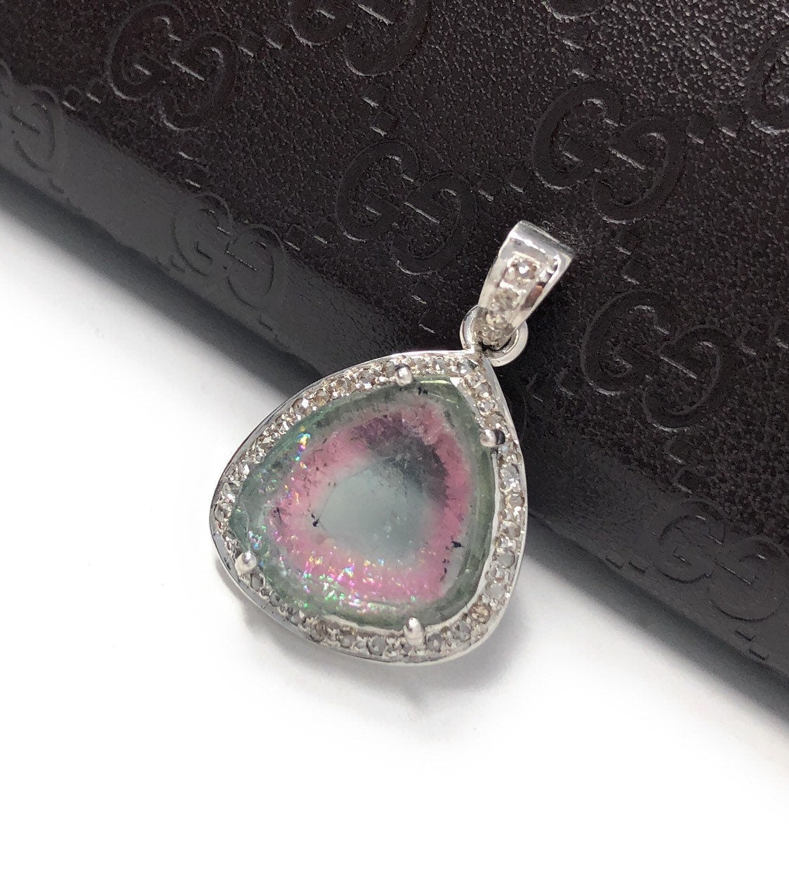 Watermelon Tourmaline Diamond Pendant, Gemstone Pendant, Sterling