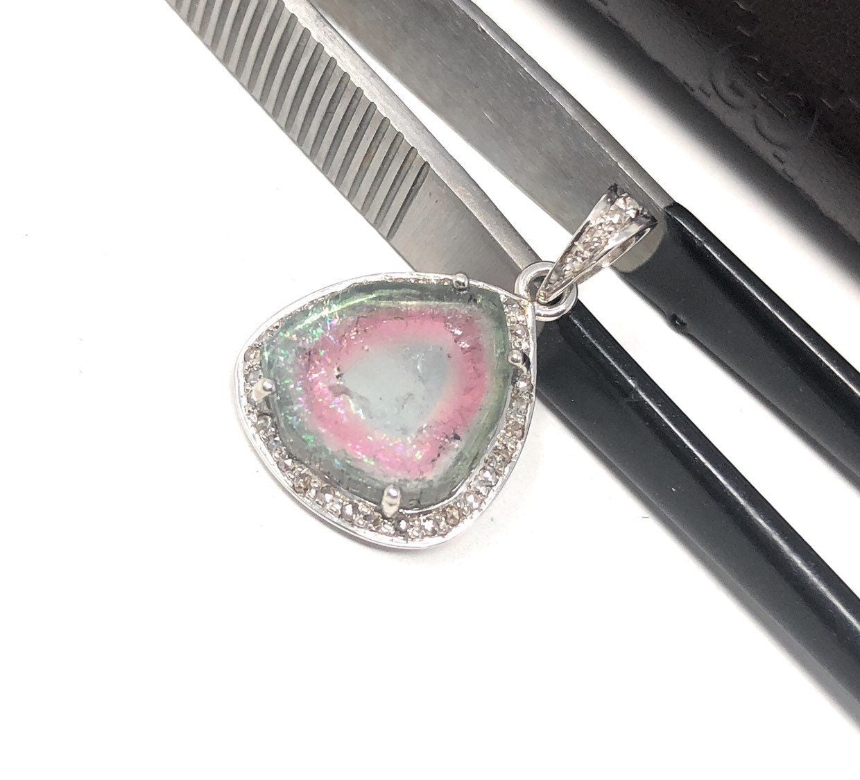 Watermelon Tourmaline Diamond Pendant, Gemstone Pendant, Sterling