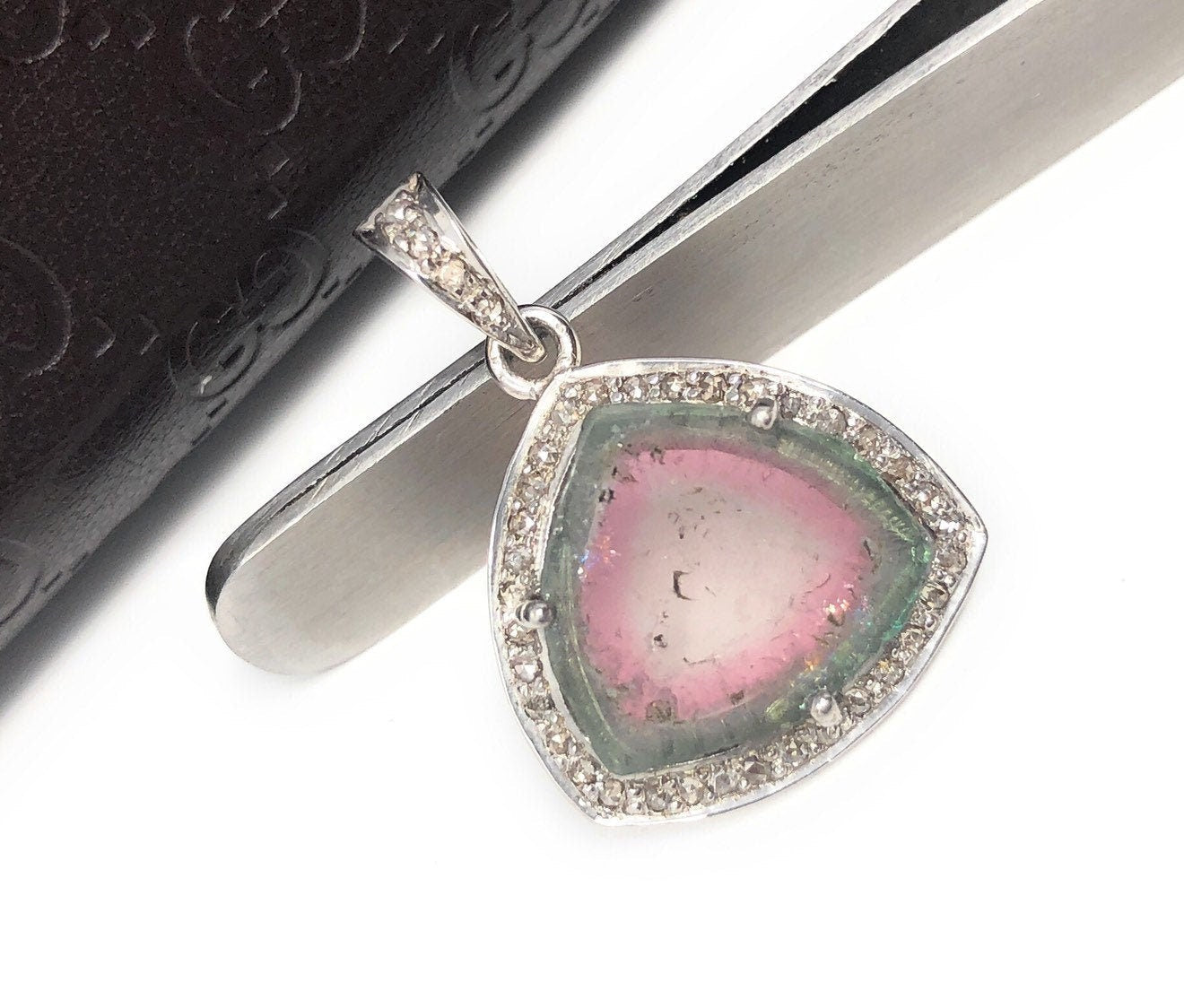 Watermelon Tourmaline Diamond Pendant, Gemstone Pendant, Sterling