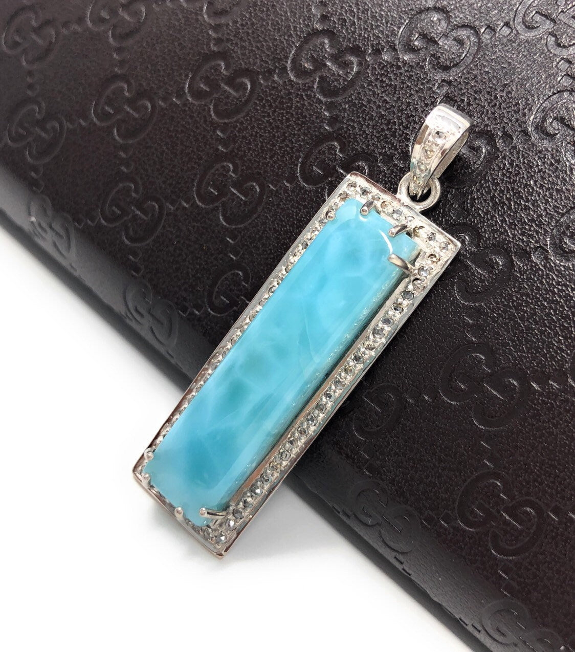 Natural Larimar Gemstone Diamond Pendant, Sterling Silver Jewelry,