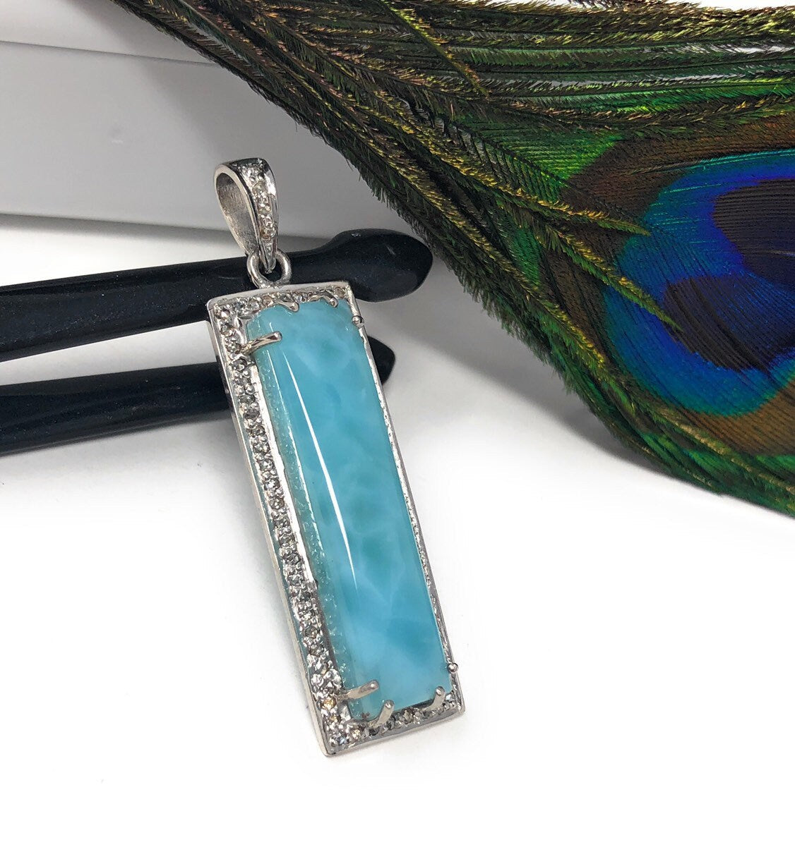 Natural Larimar Gemstone Diamond Pendant, Sterling Silver Jewelry,