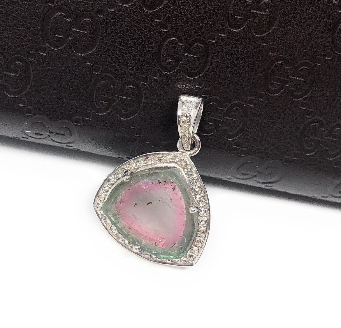 Watermelon Tourmaline Diamond Pendant, Gemstone Pendant, Sterling