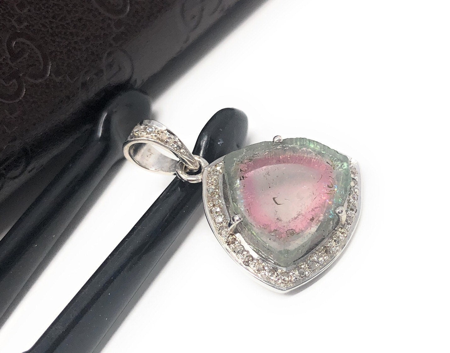 Watermelon Tourmaline Diamond Pendant, Gemstone Pendant, Sterling