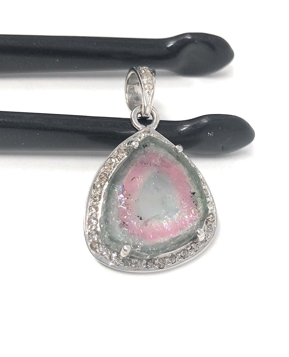 Watermelon Tourmaline Diamond Pendant, Gemstone Pendant, Sterling