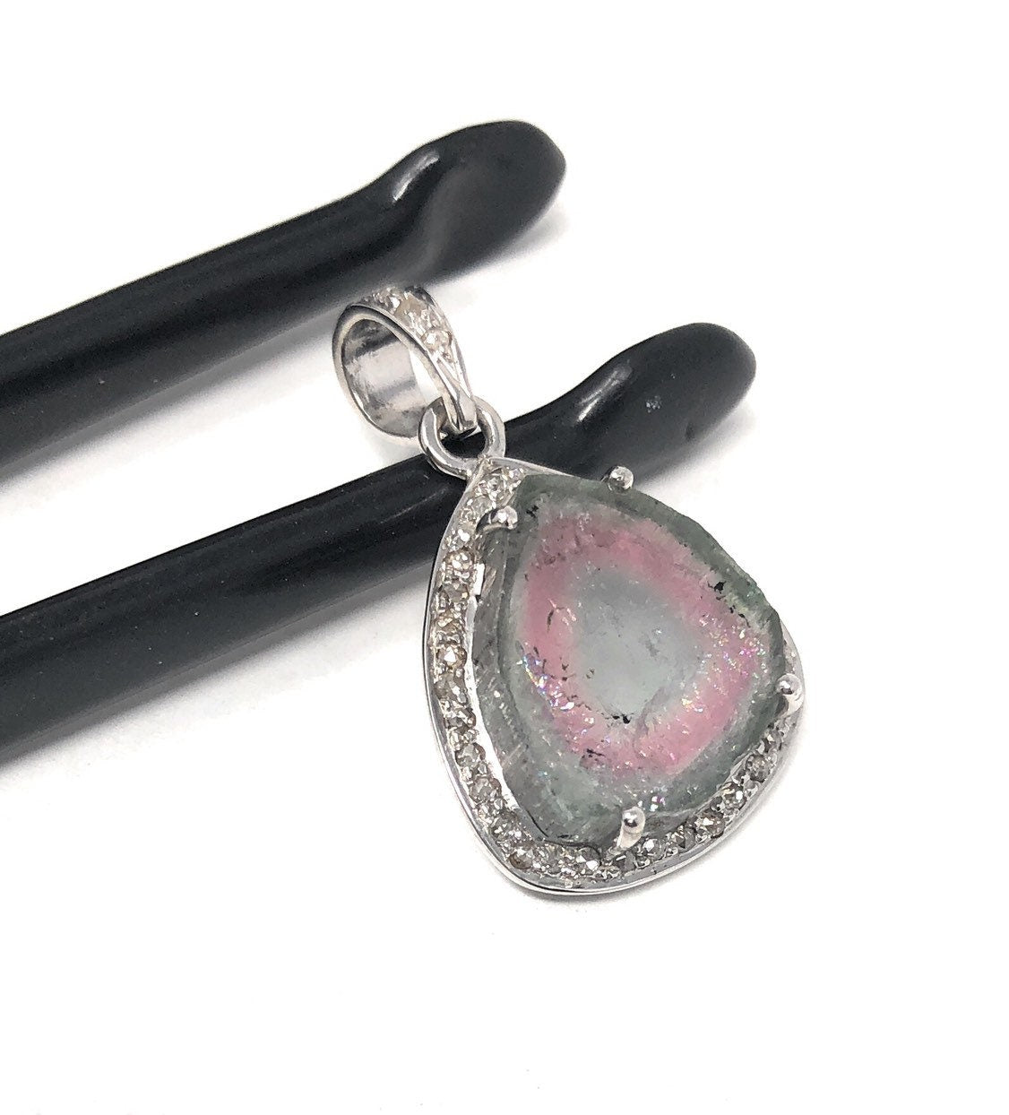 Watermelon Tourmaline Diamond Pendant, Gemstone Pendant, Sterling