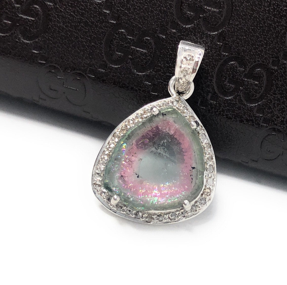 Watermelon Tourmaline Diamond Pendant, Gemstone Pendant, Sterling