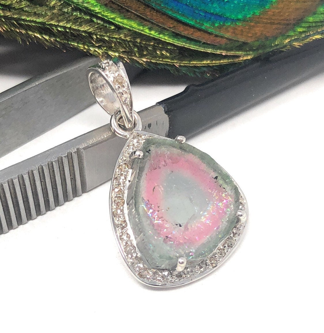 Watermelon Tourmaline Diamond Pendant, Gemstone Pendant, Sterling