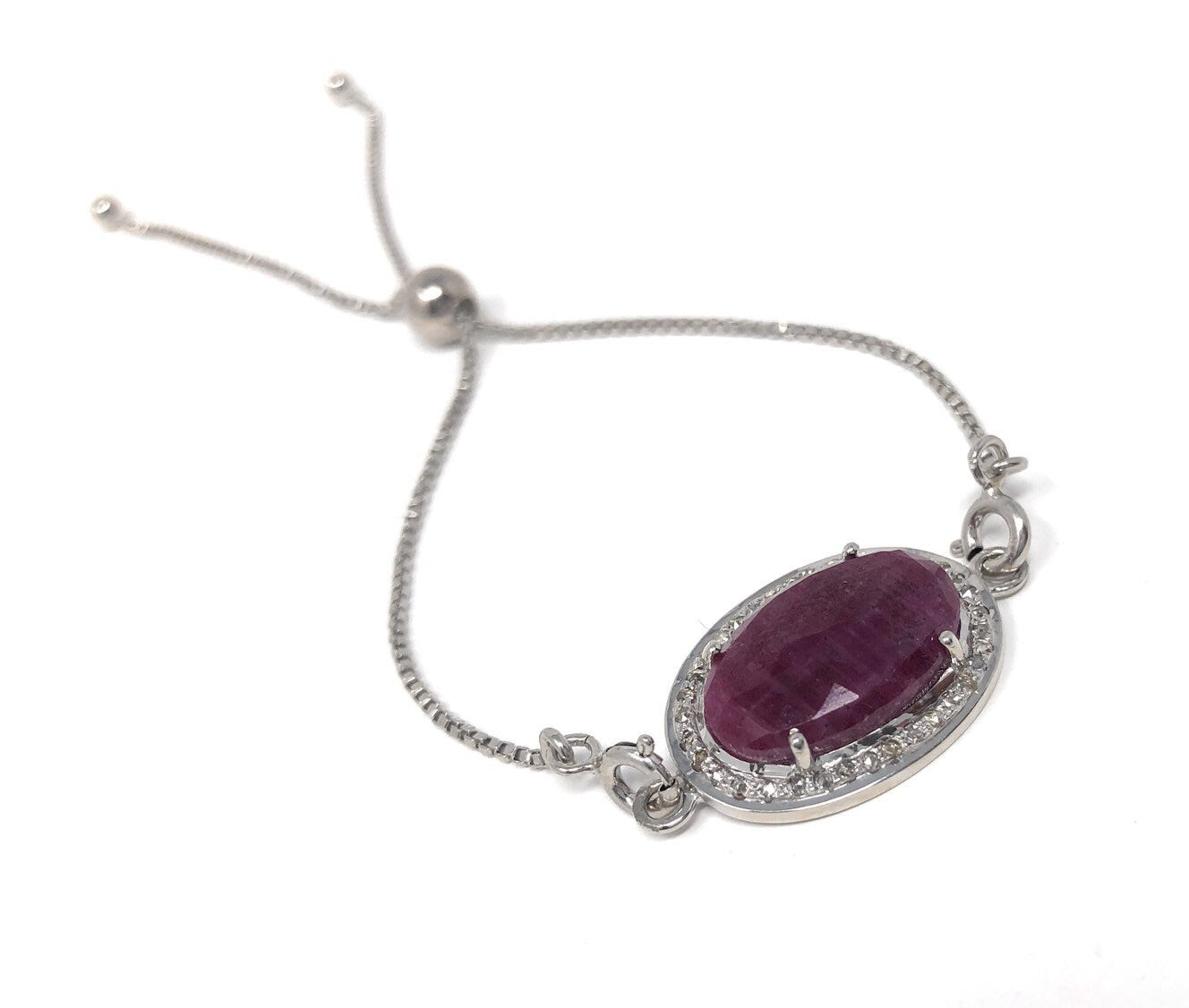 Natural Ruby Pave Diamond Bracelet , Sterling Silver Bolo Bracelet,