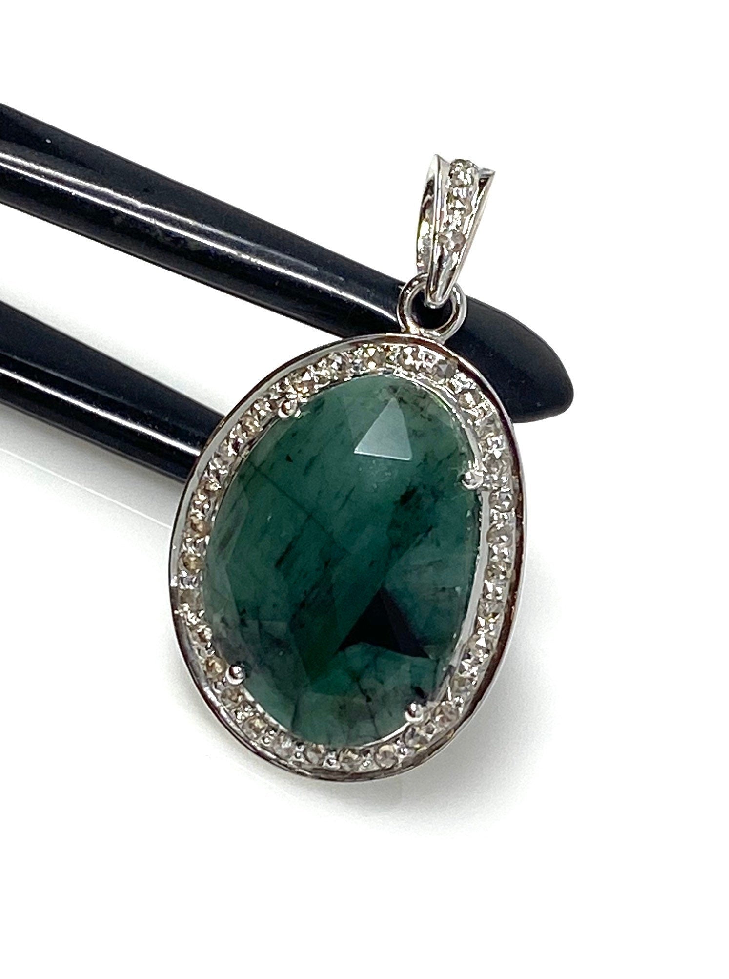 Emerald Diamond Pendant, Natural Emerald Sterling Silver Pendant, May