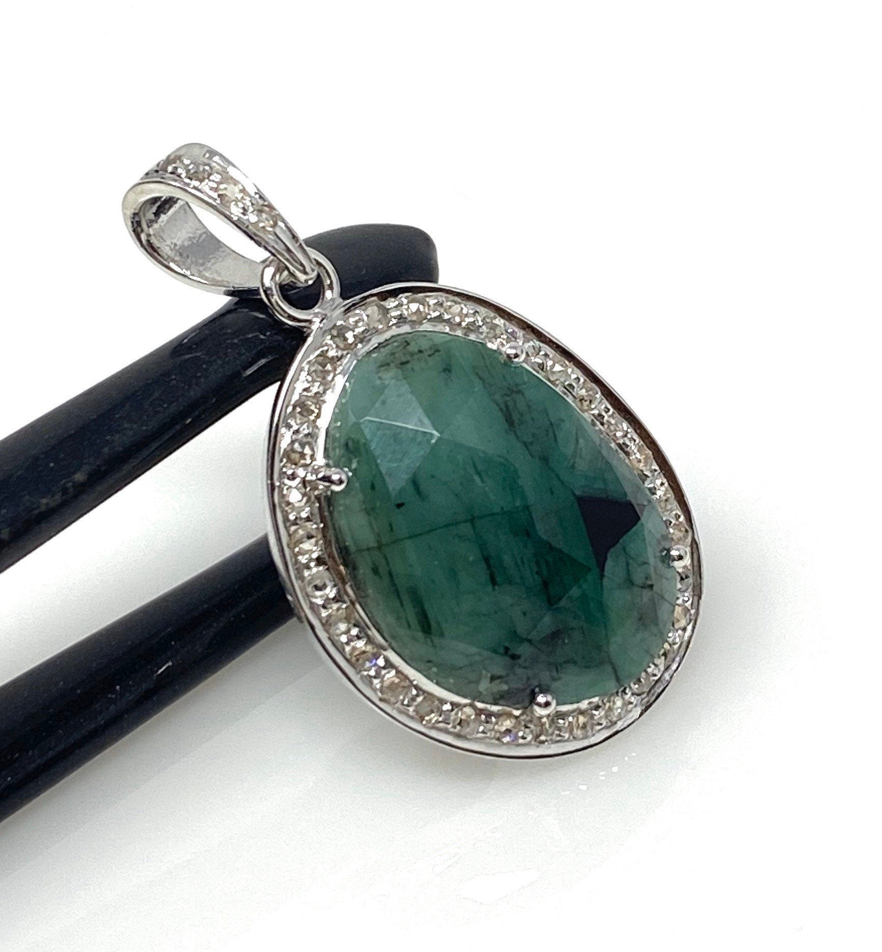 Emerald Diamond Pendant, Natural Emerald Sterling Silver Pendant, May