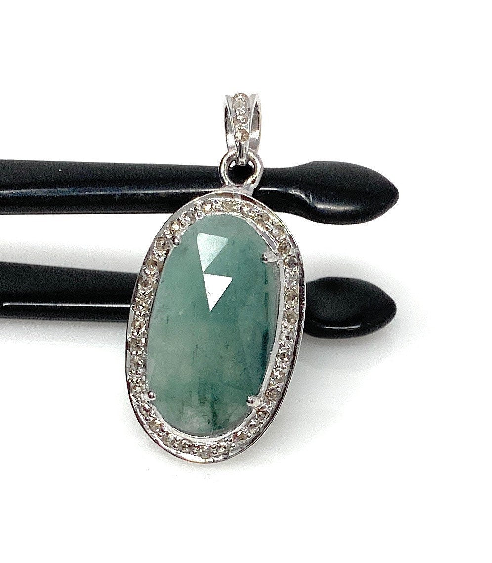 Emerald Diamond Pendant, Natural Emerald Sterling Silver Pendant, May