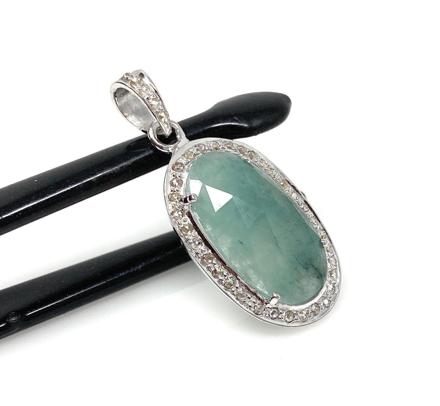 Emerald Diamond Pendant, Natural Emerald Sterling Silver Pendant, May