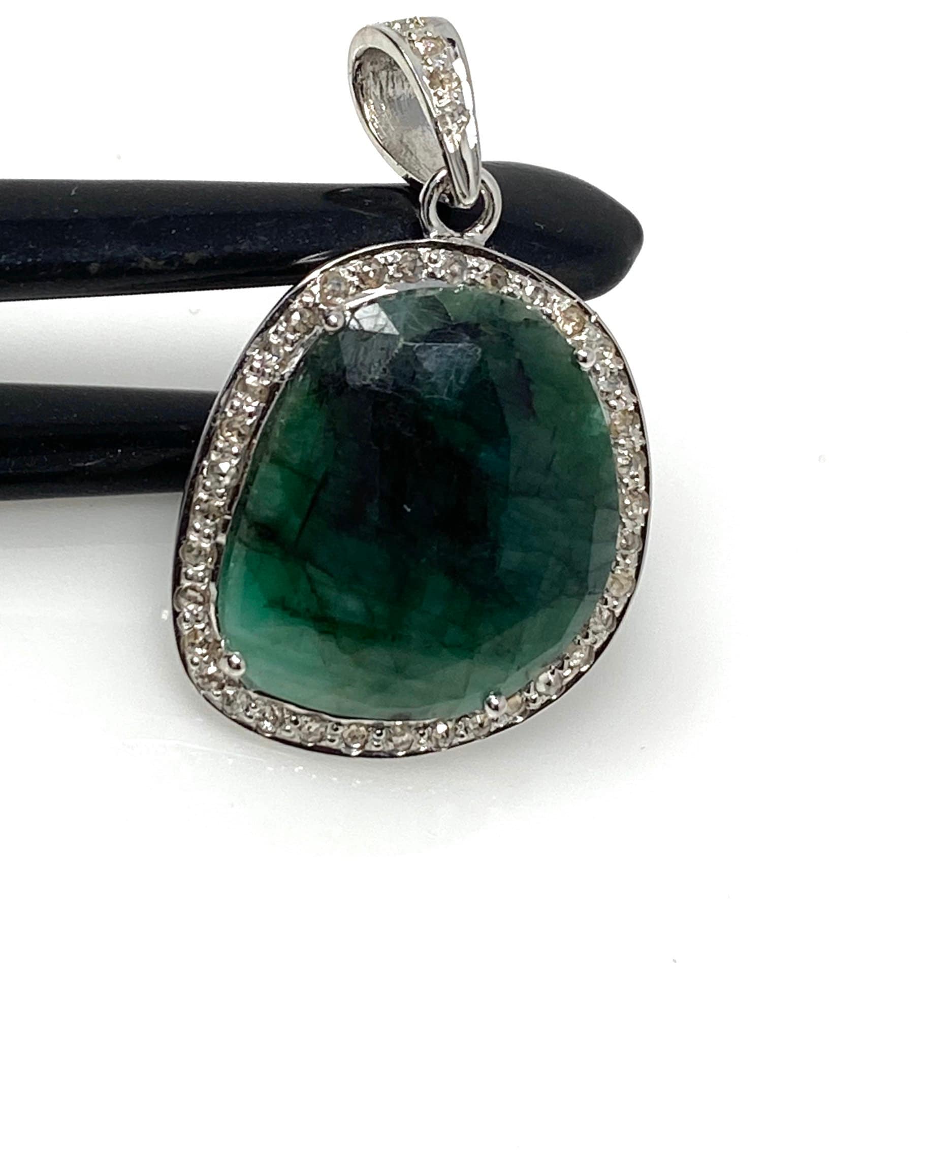 Emerald Diamond Pendant, Natural Emerald Sterling Silver Pendant, May