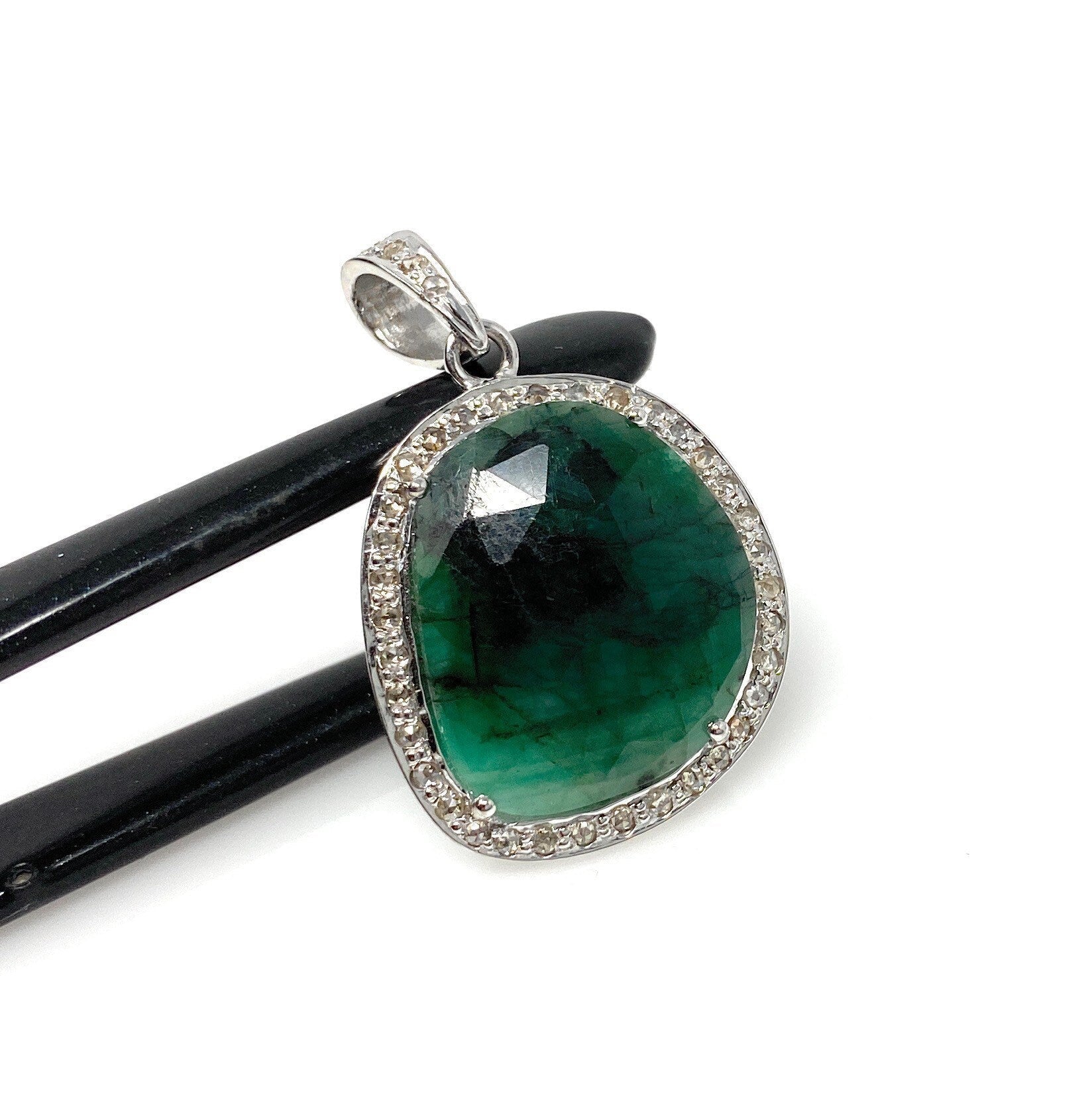 Emerald Diamond Pendant, Natural Emerald Sterling Silver Pendant, May