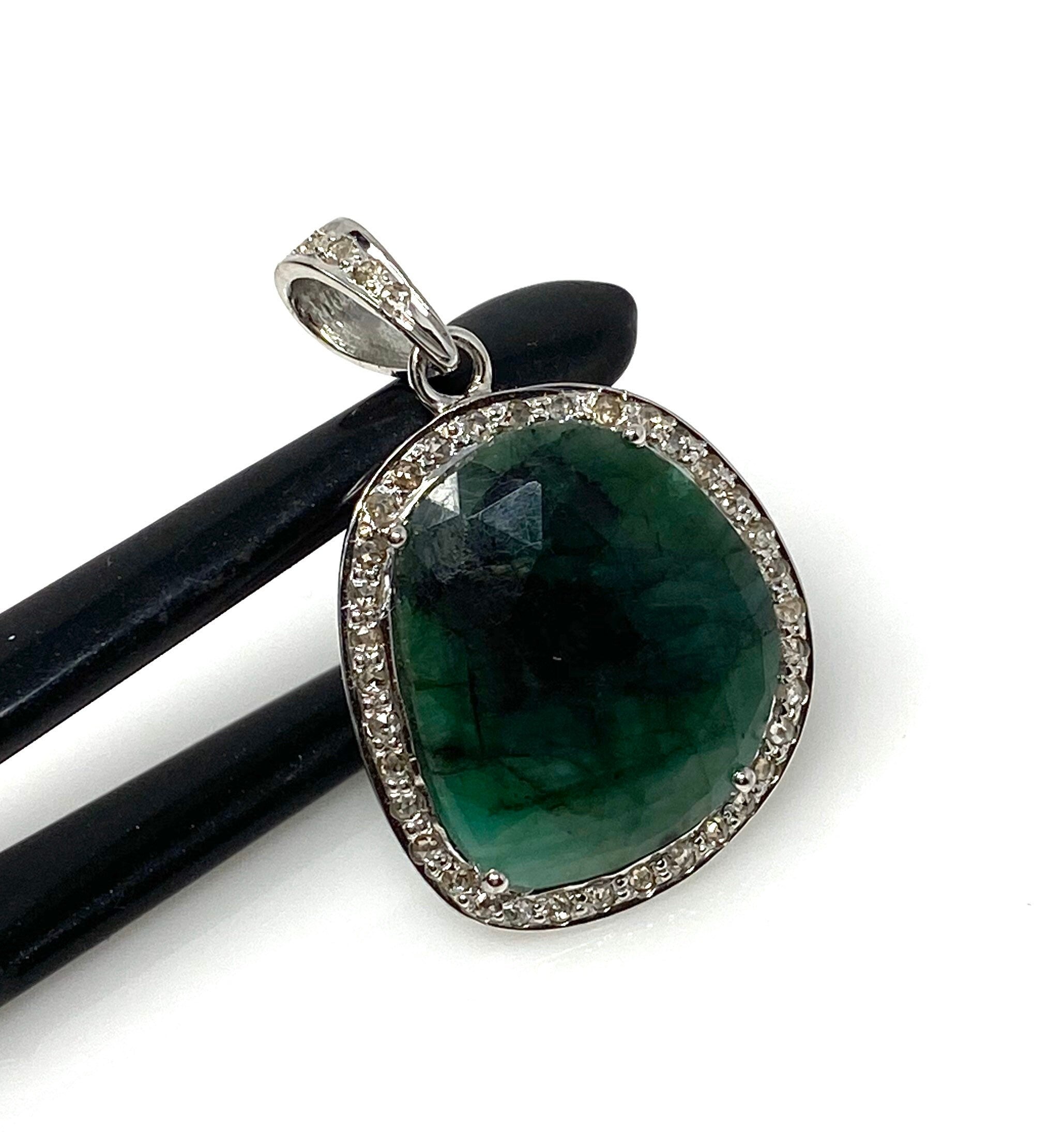 Emerald Diamond Pendant, Natural Emerald Sterling Silver Pendant, May