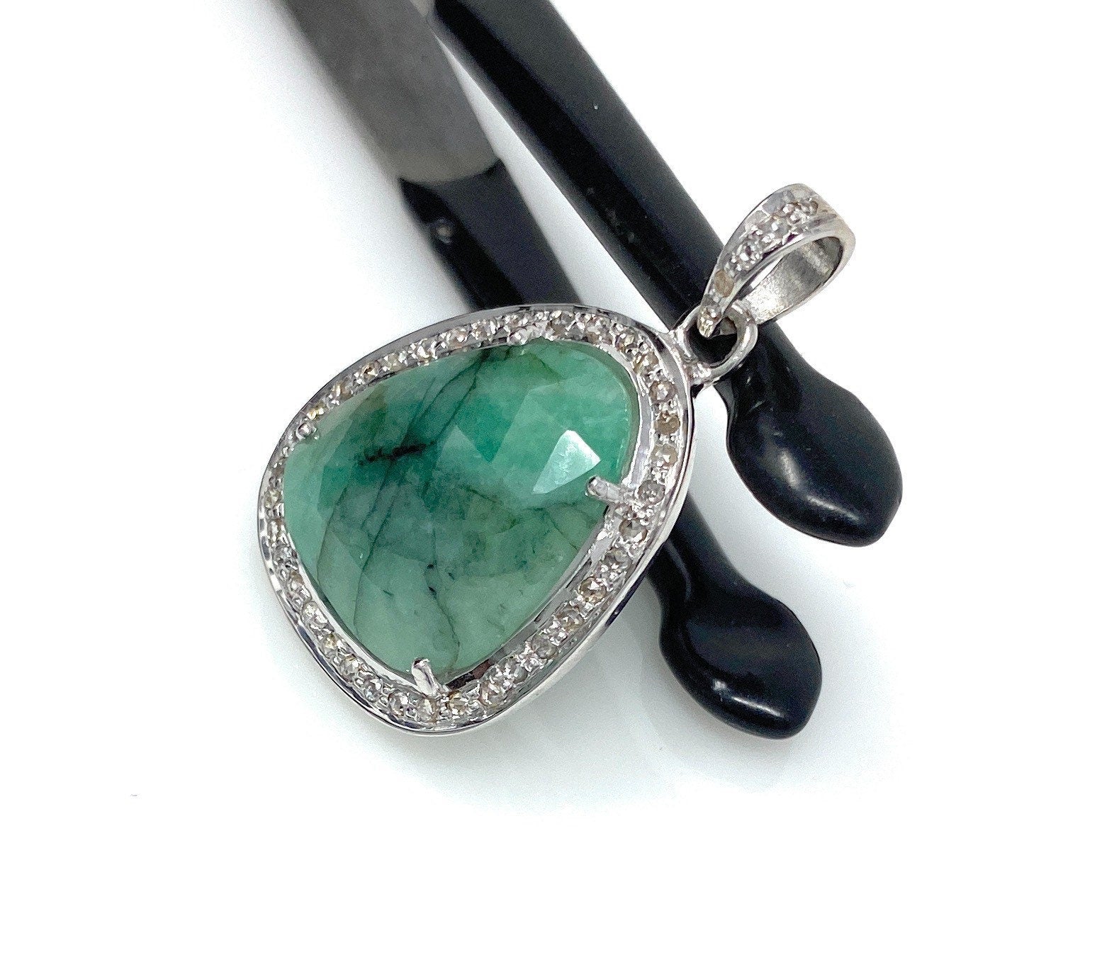 Emerald Diamond Pendant, Natural Emerald Sterling Silver Pendant, May