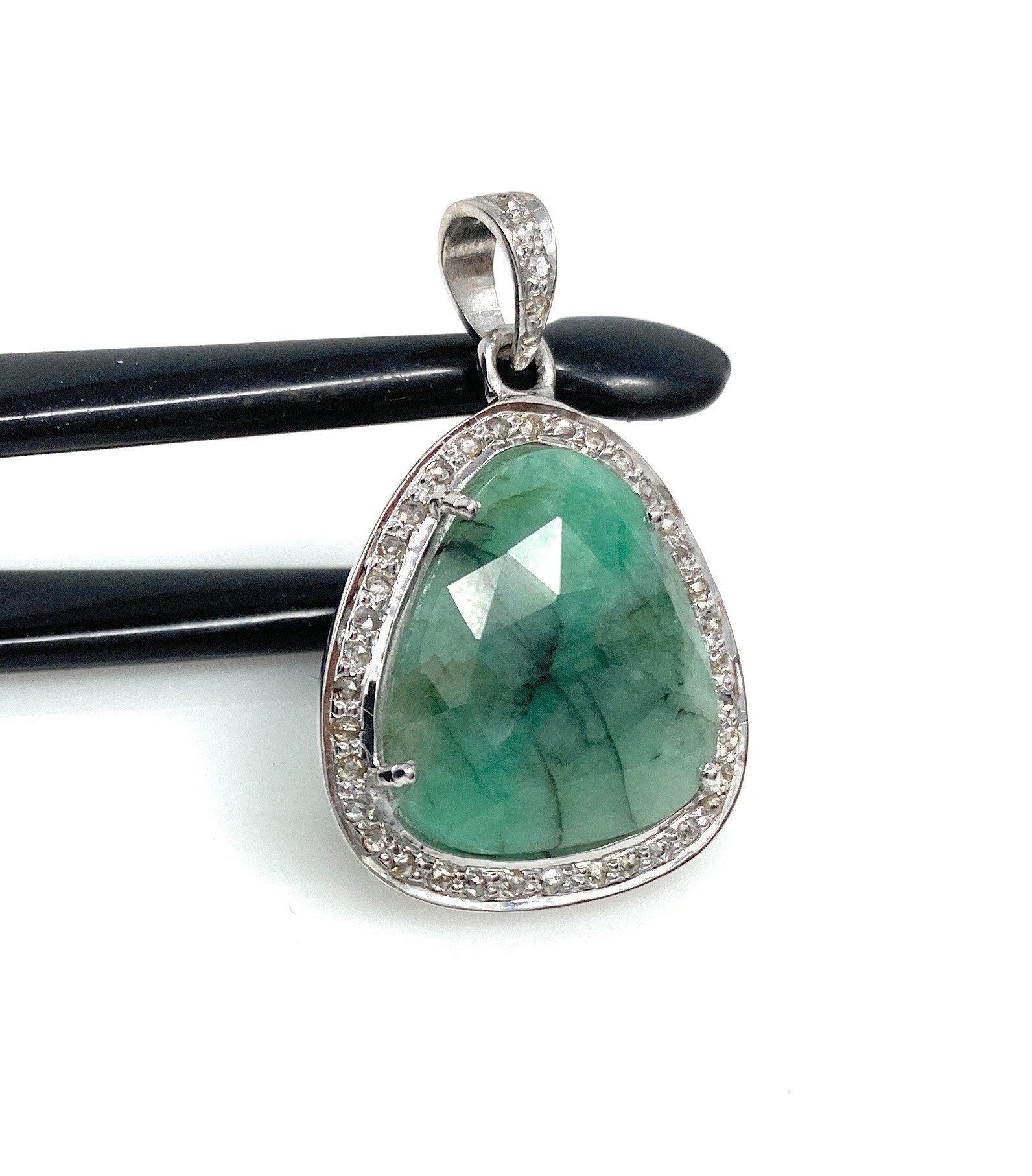 Emerald Diamond Pendant, Natural Emerald Sterling Silver Pendant, May