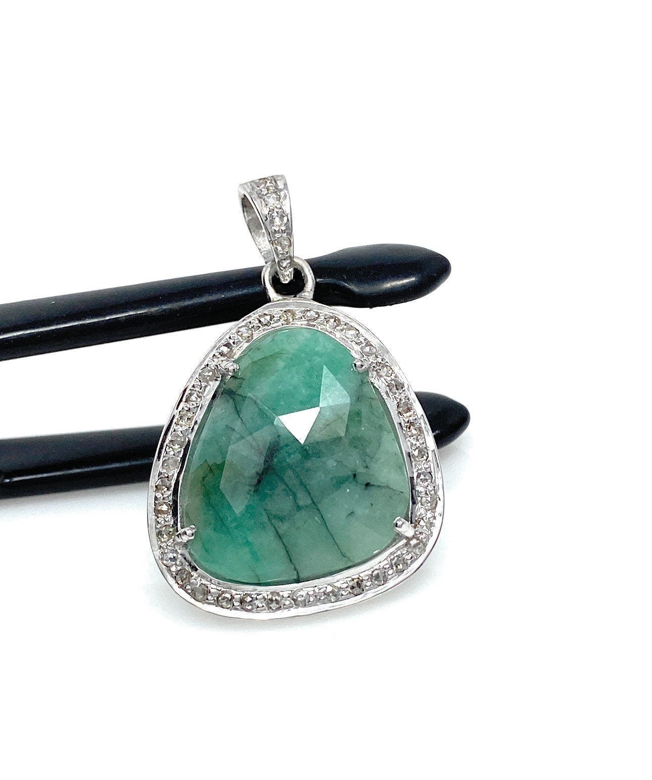 Emerald Diamond Pendant, Natural Emerald Sterling Silver Pendant, May