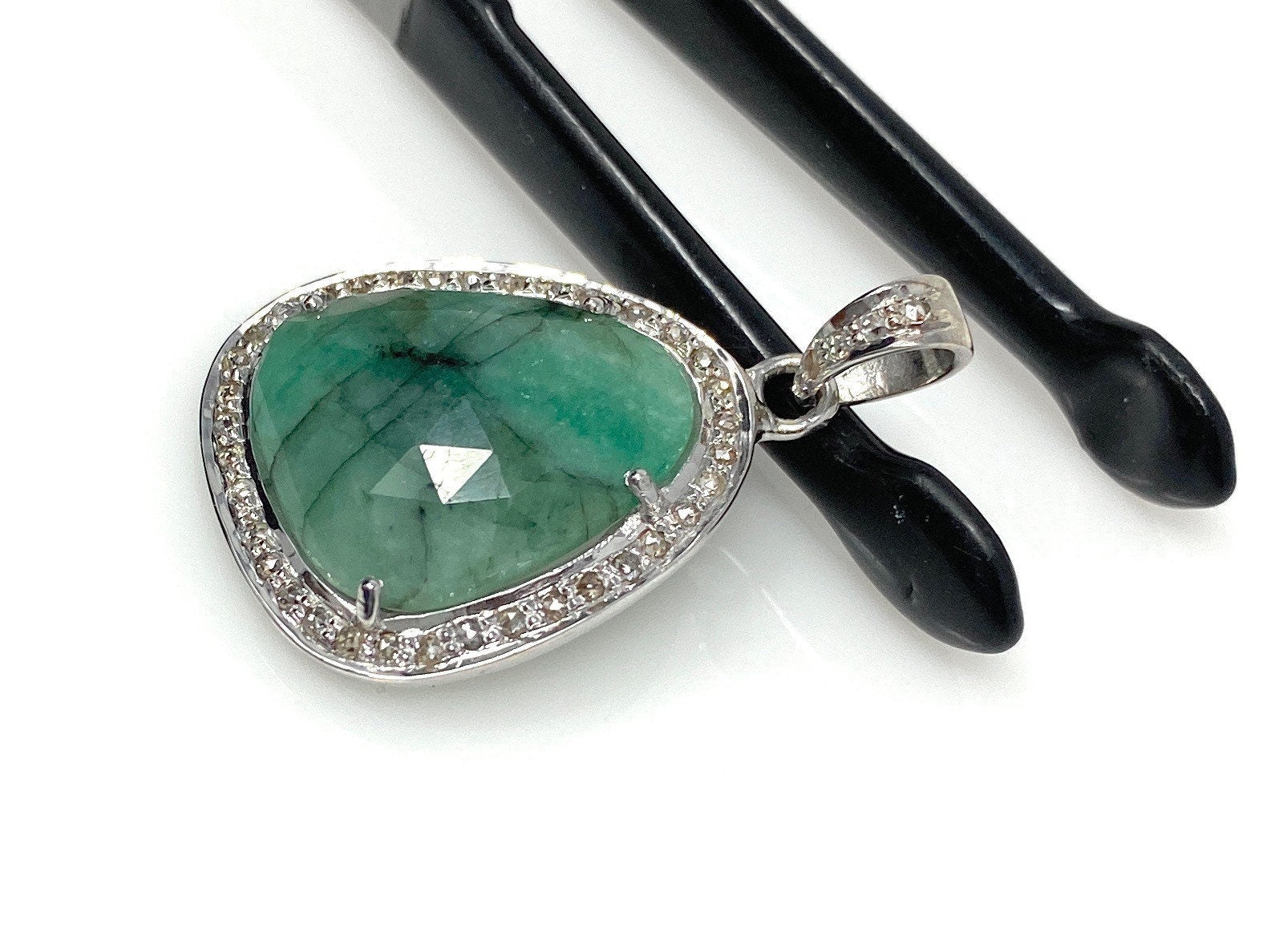 Emerald Diamond Pendant, Natural Emerald Sterling Silver Pendant, May