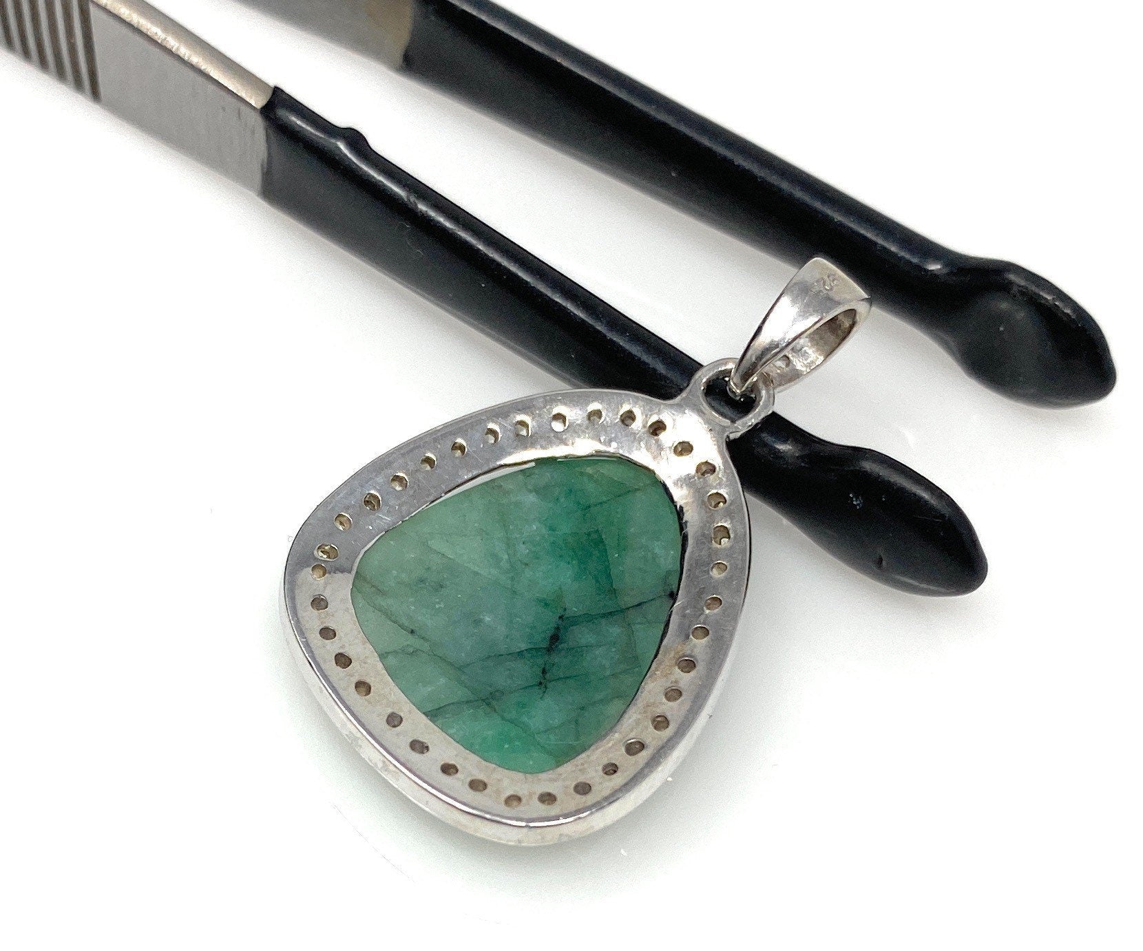 Emerald Diamond Pendant, Natural Emerald Sterling Silver Pendant, May