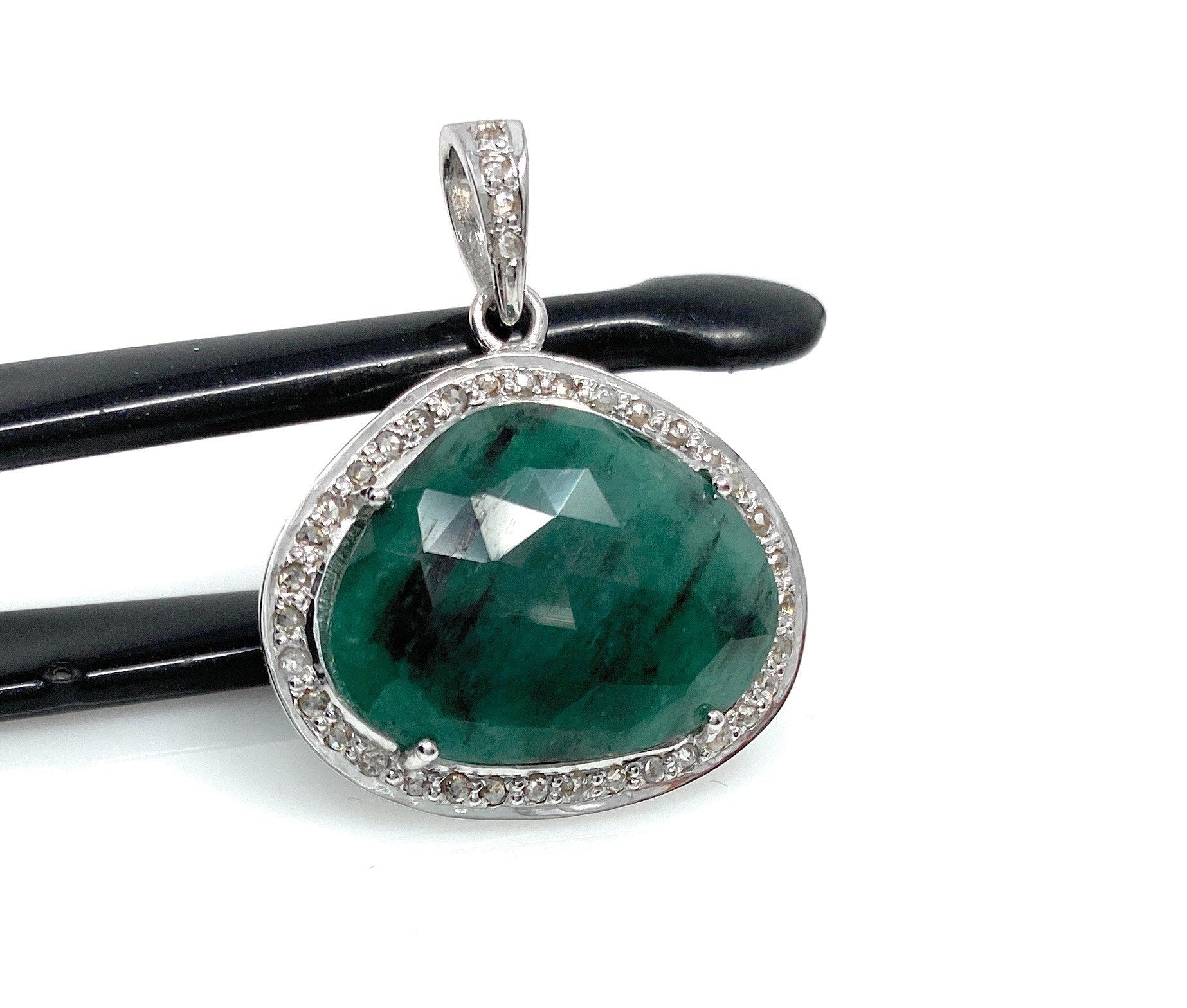 Emerald Diamond Pendant, Natural Emerald Sterling Silver Pendant, May