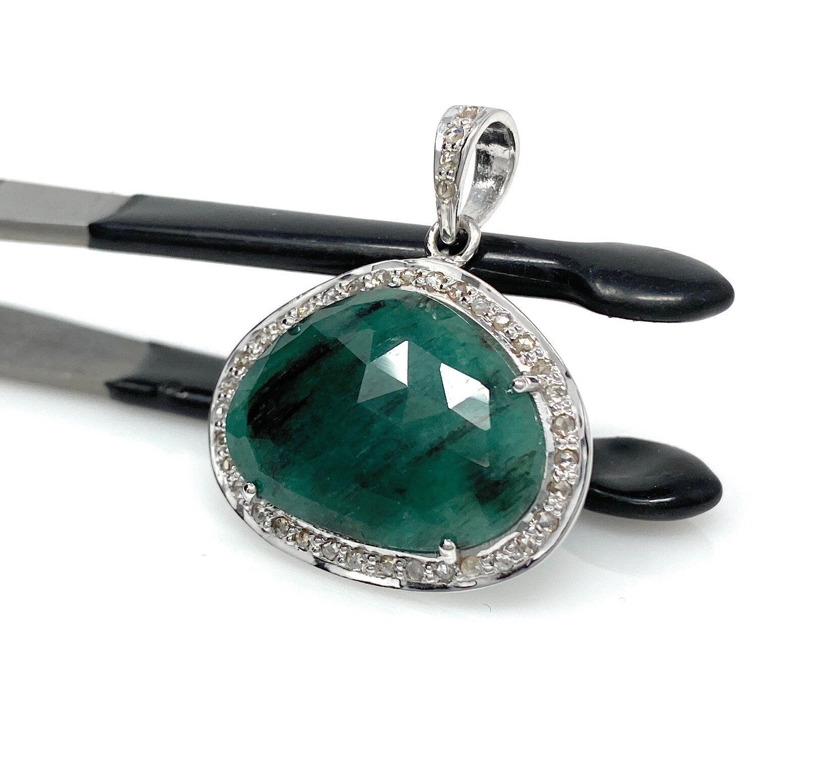 Emerald Diamond Pendant, Natural Emerald Sterling Silver Pendant, May