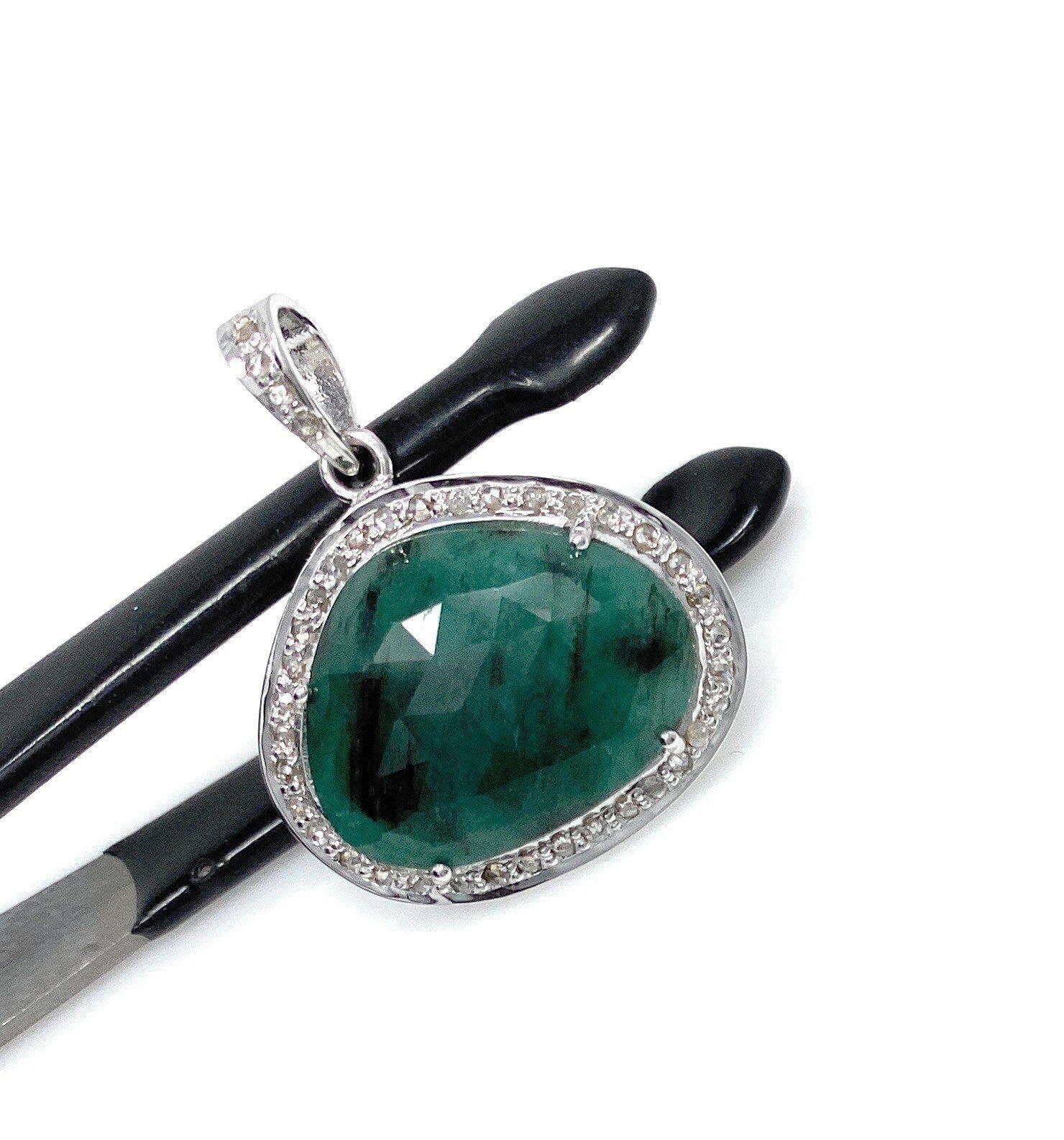 Emerald Diamond Pendant, Natural Emerald Sterling Silver Pendant, May