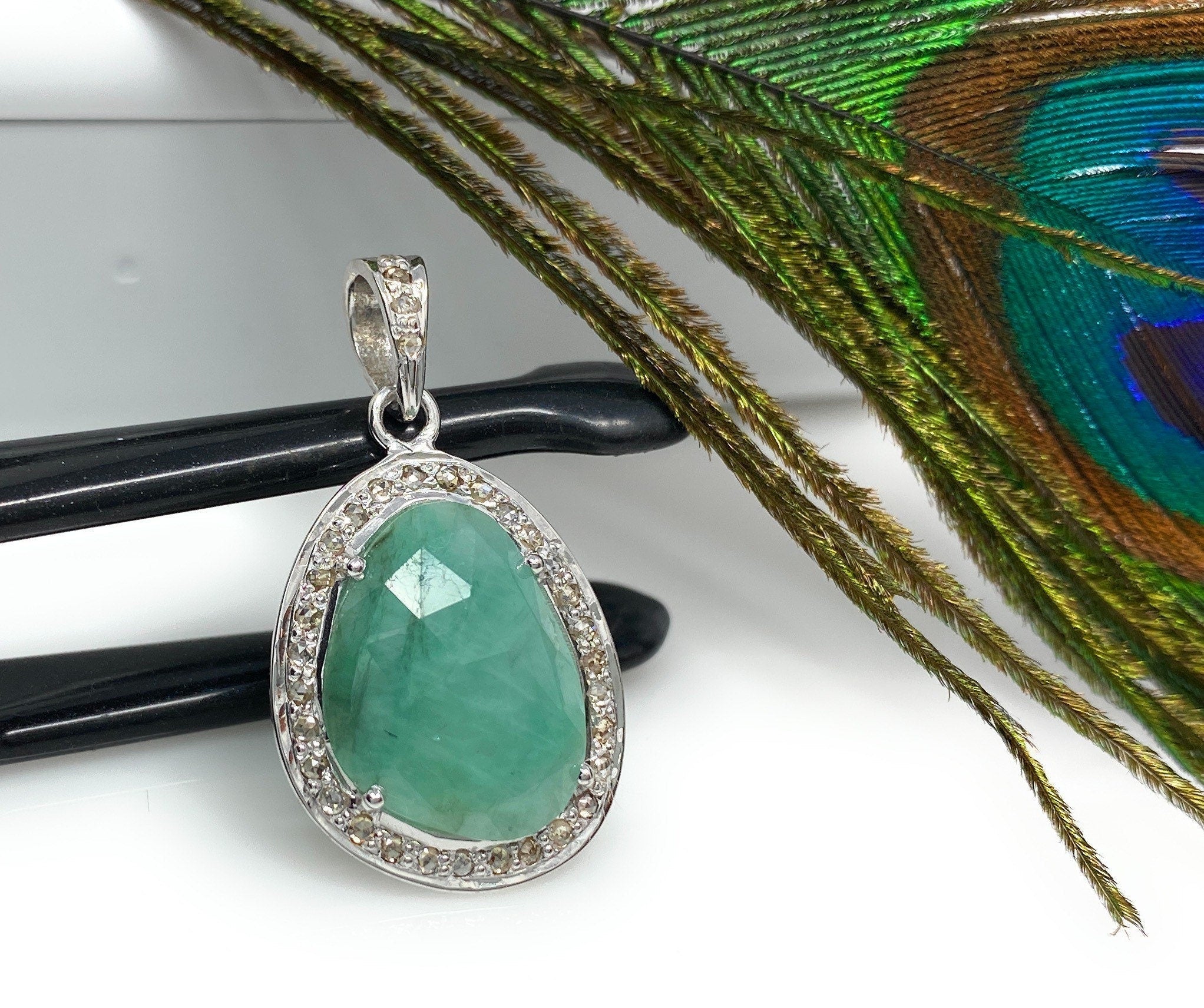 Emerald Diamond Pendant, Natural Emerald Sterling Silver Pendant, May