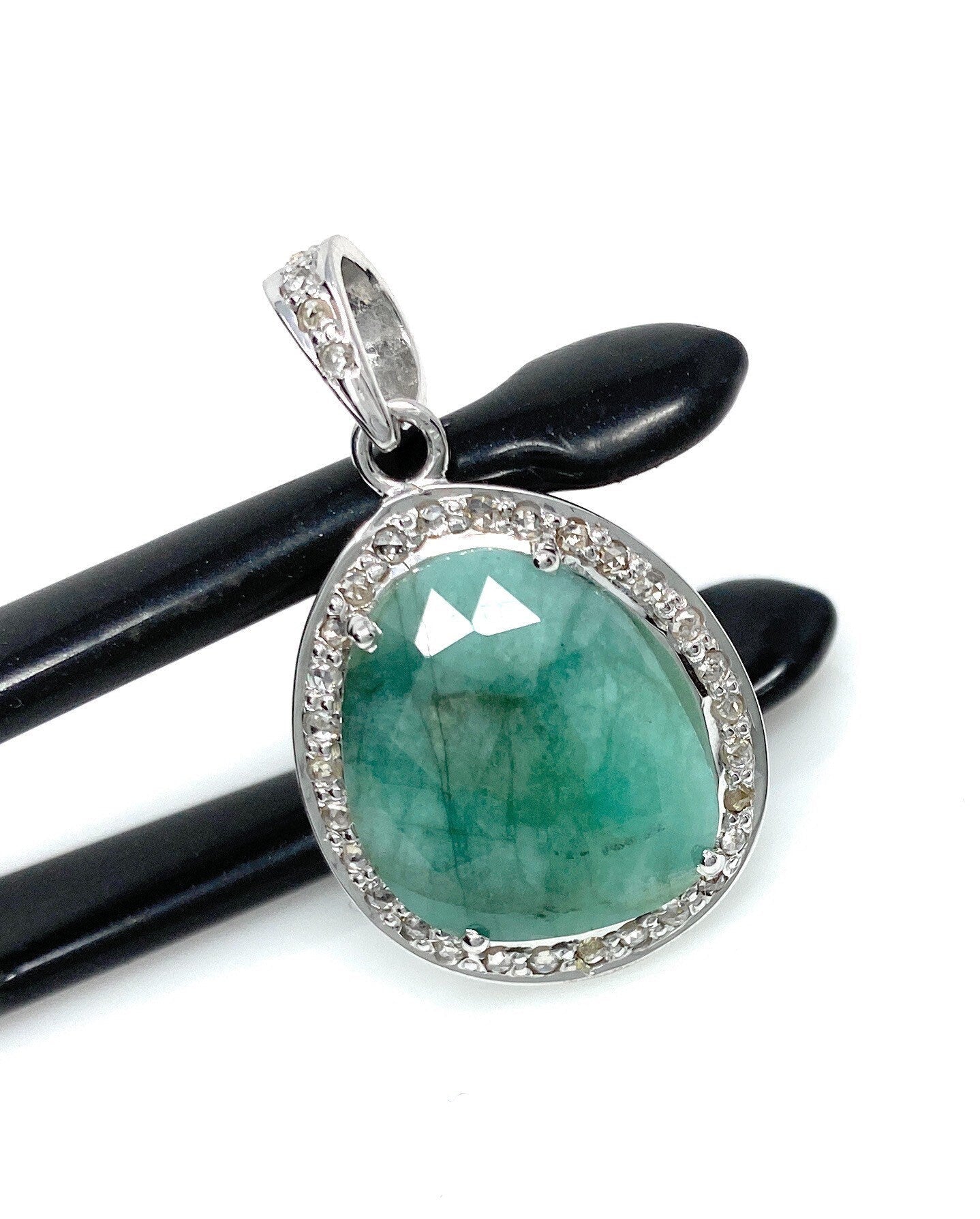 Emerald Diamond Pendant, Natural Emerald Sterling Silver Pendant, May