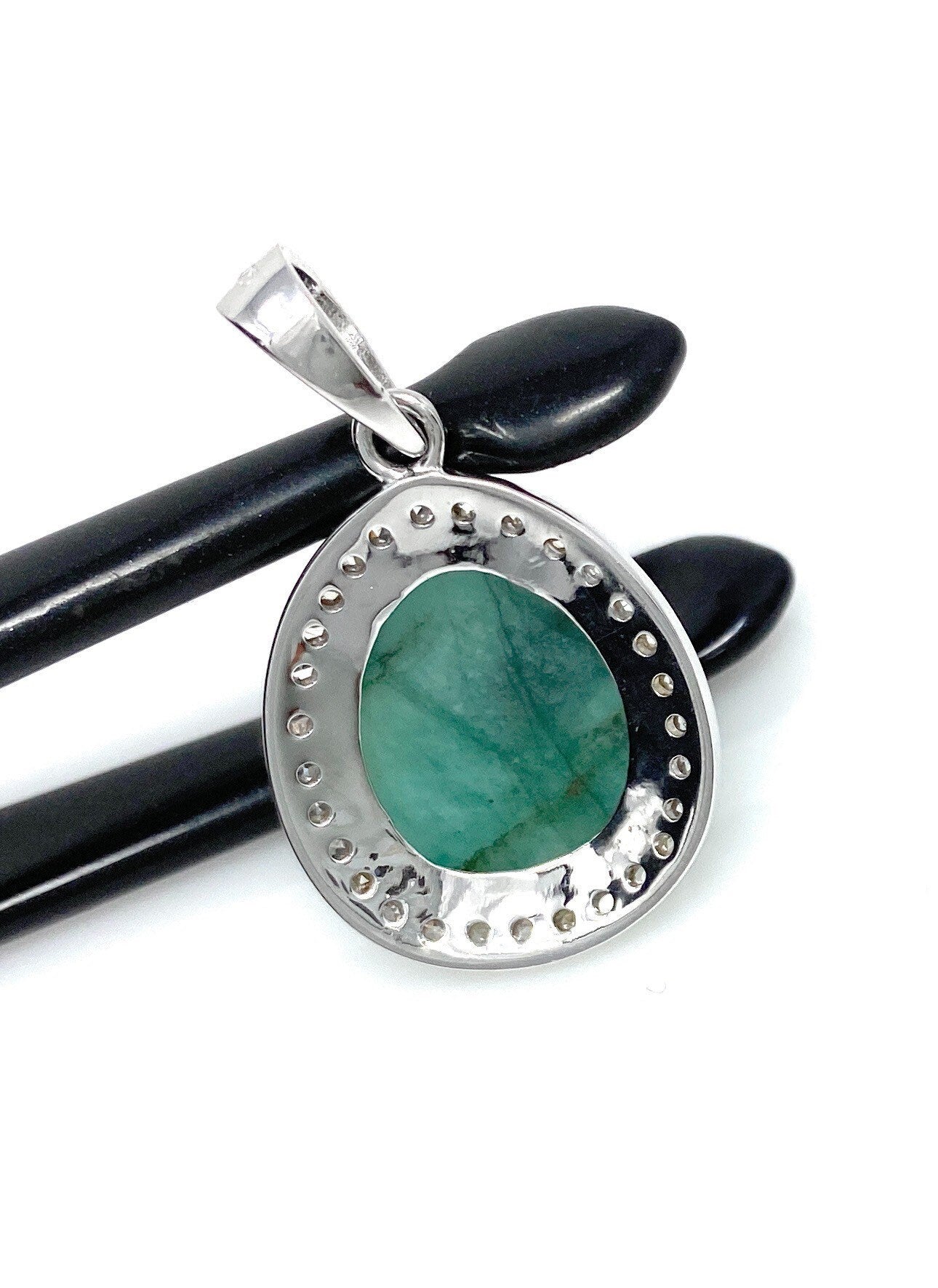 Emerald Diamond Pendant, Natural Emerald Sterling Silver Pendant, May