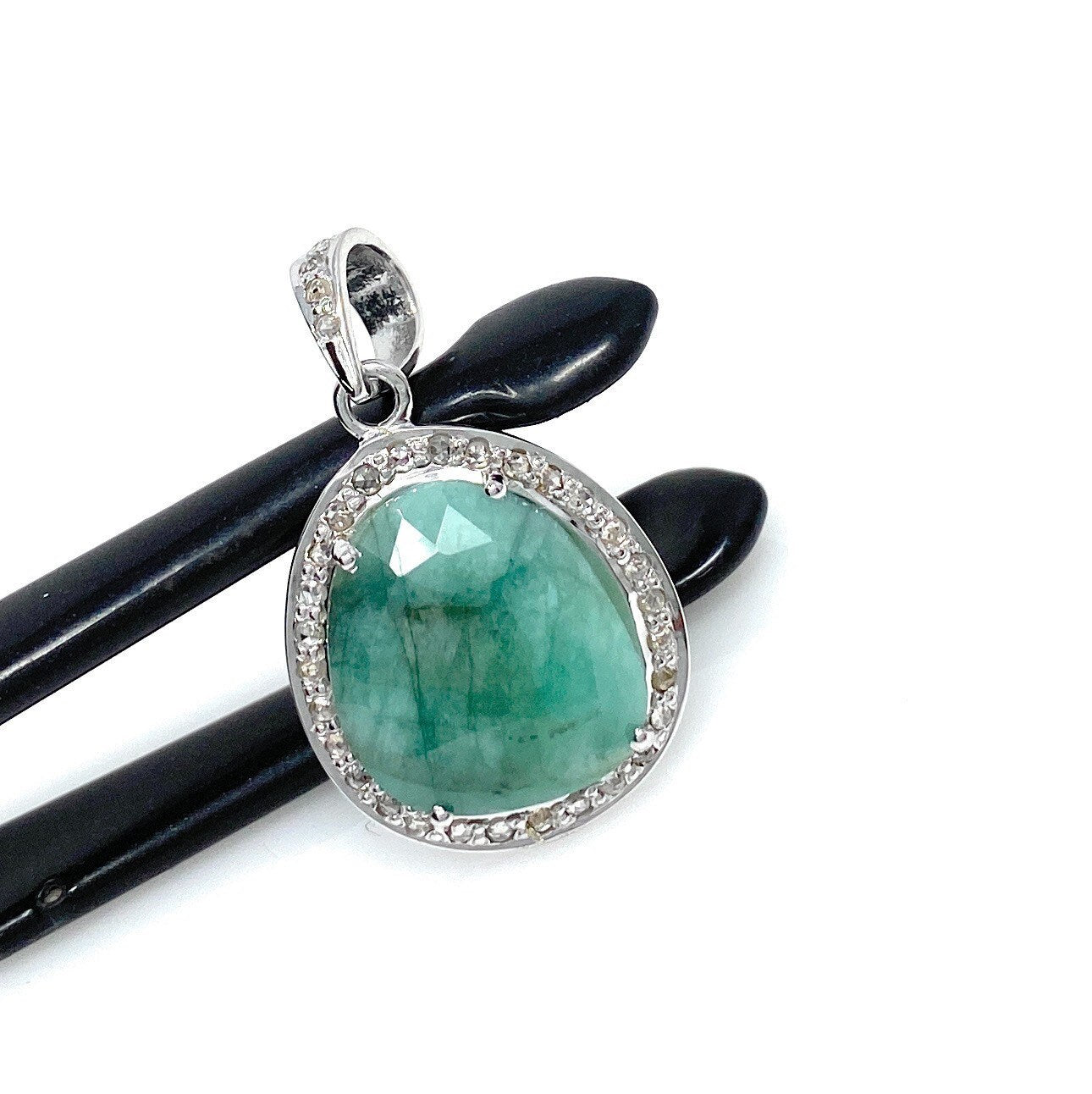 Emerald Diamond Pendant, Natural Emerald Sterling Silver Pendant, May