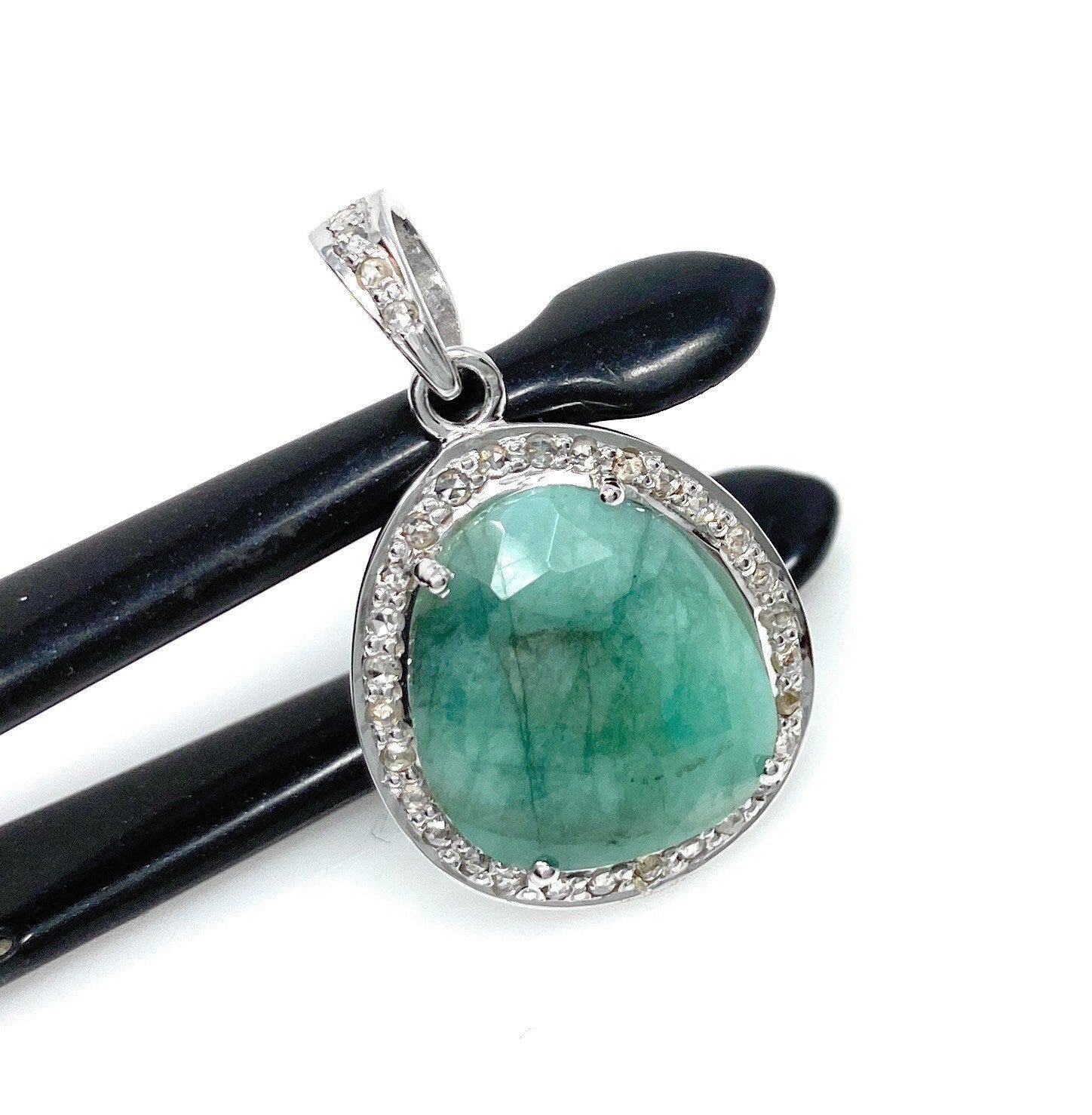 Emerald Diamond Pendant, Natural Emerald Sterling Silver Pendant, May