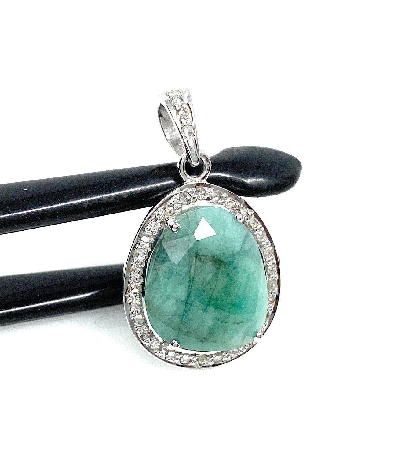 Emerald Diamond Pendant, Natural Emerald Sterling Silver Pendant, May