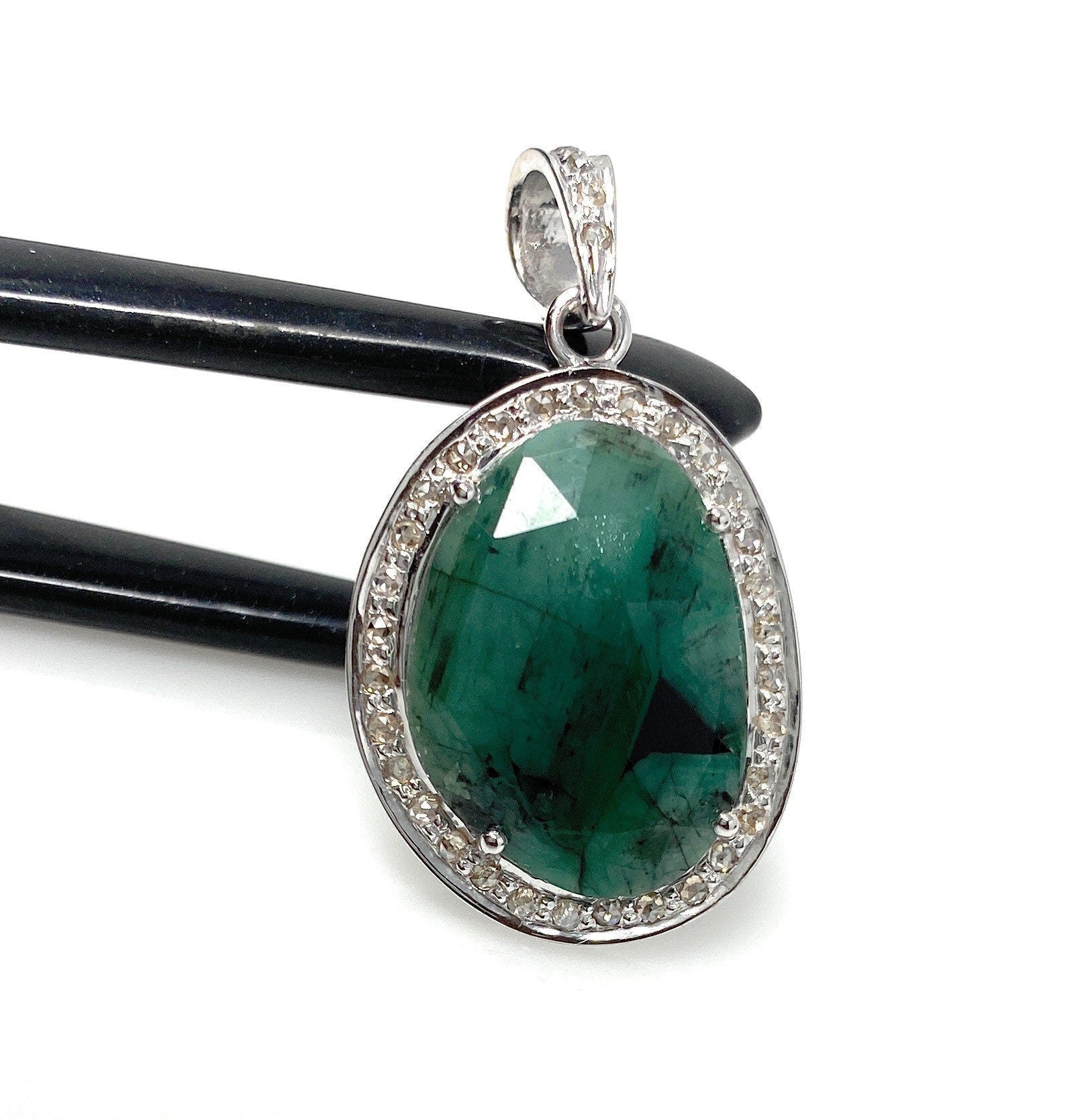 Emerald Diamond Pendant, Natural Emerald Sterling Silver Pendant, May