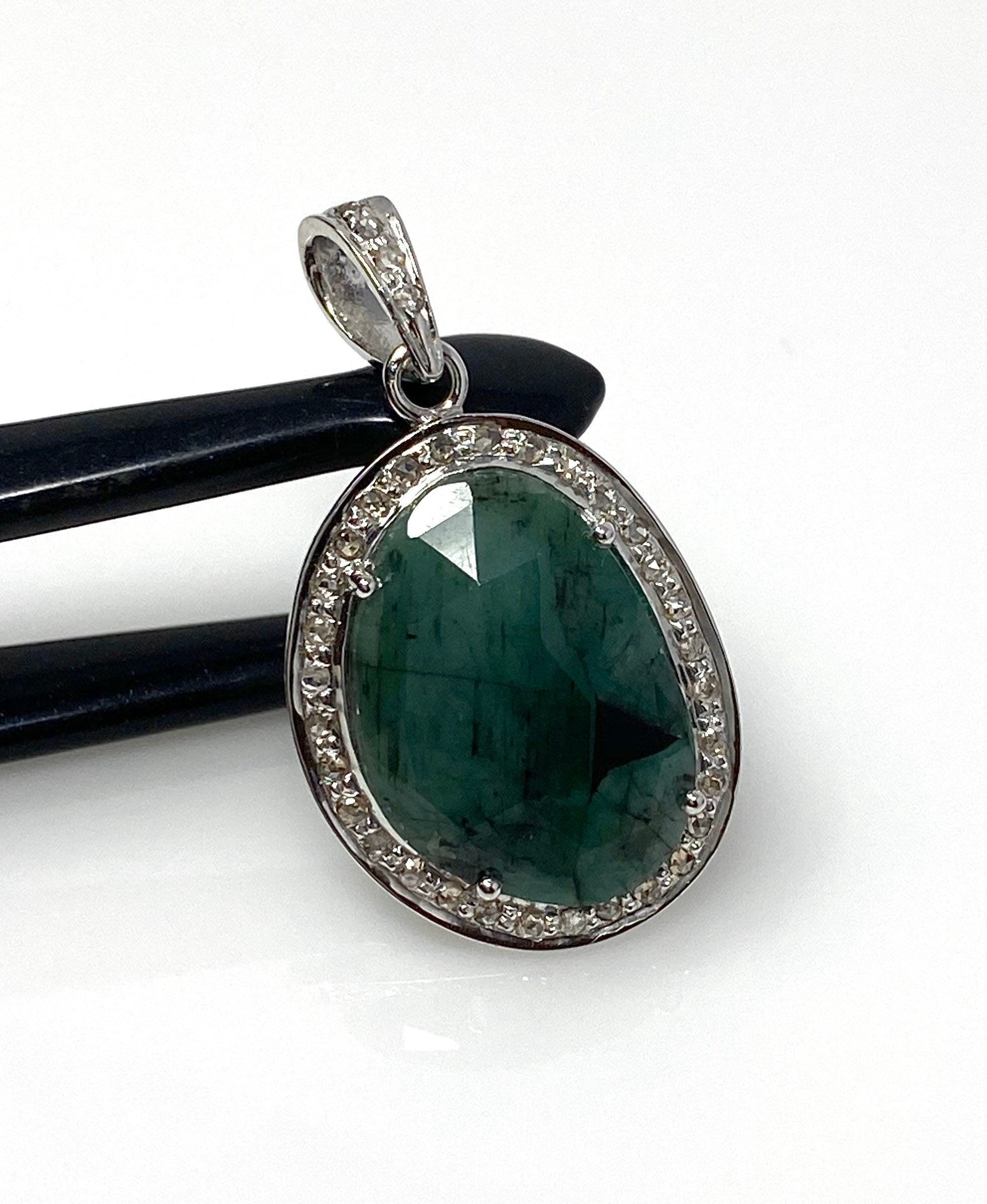 Emerald Diamond Pendant, Natural Emerald Sterling Silver Pendant, May