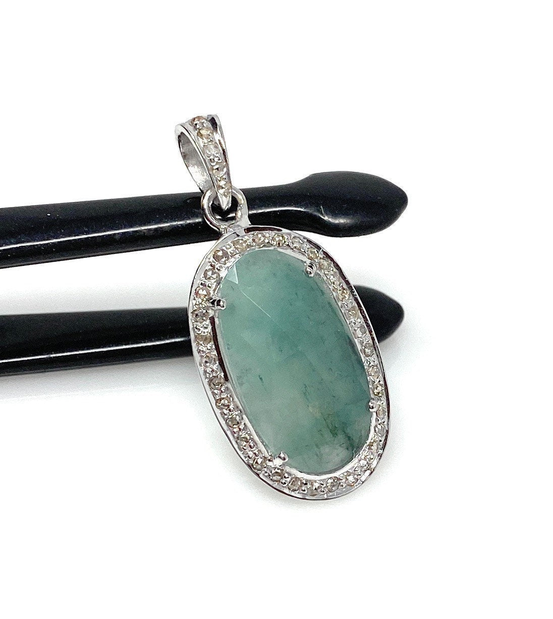 Emerald Diamond Pendant, Natural Emerald Sterling Silver Pendant, May