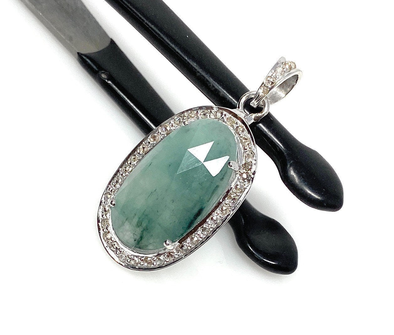 Emerald Diamond Pendant, Natural Emerald Sterling Silver Pendant, May