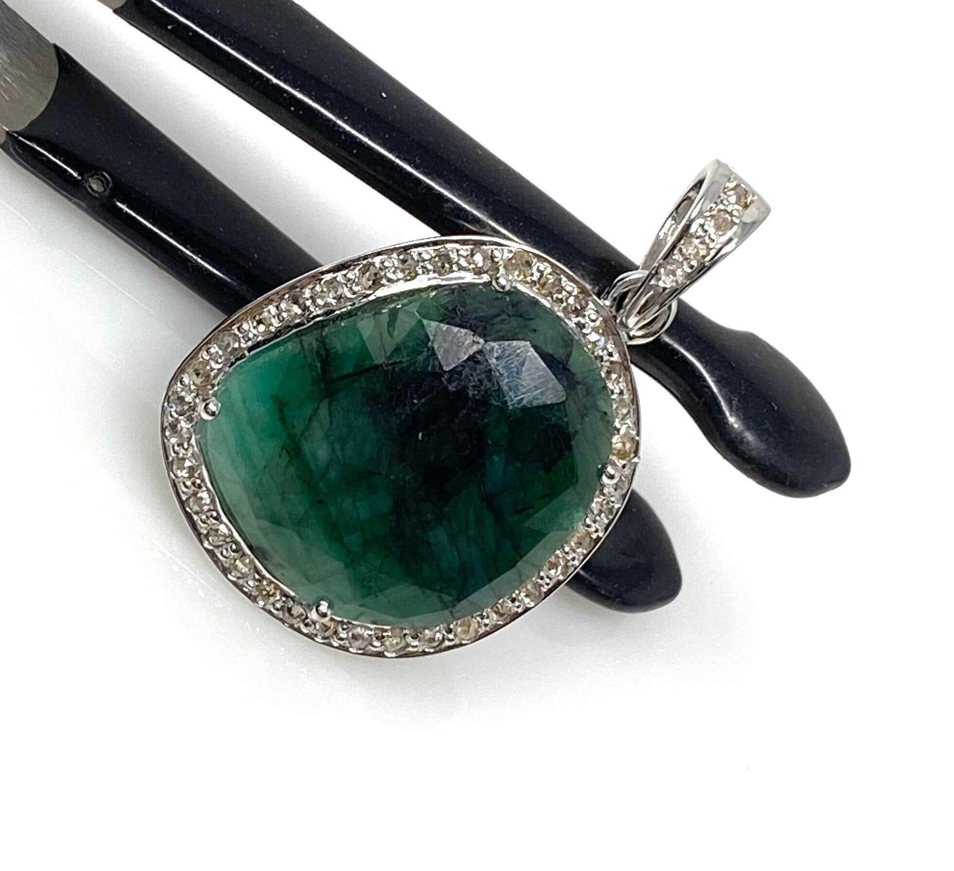 Emerald Diamond Pendant, Natural Emerald Sterling Silver Pendant, May